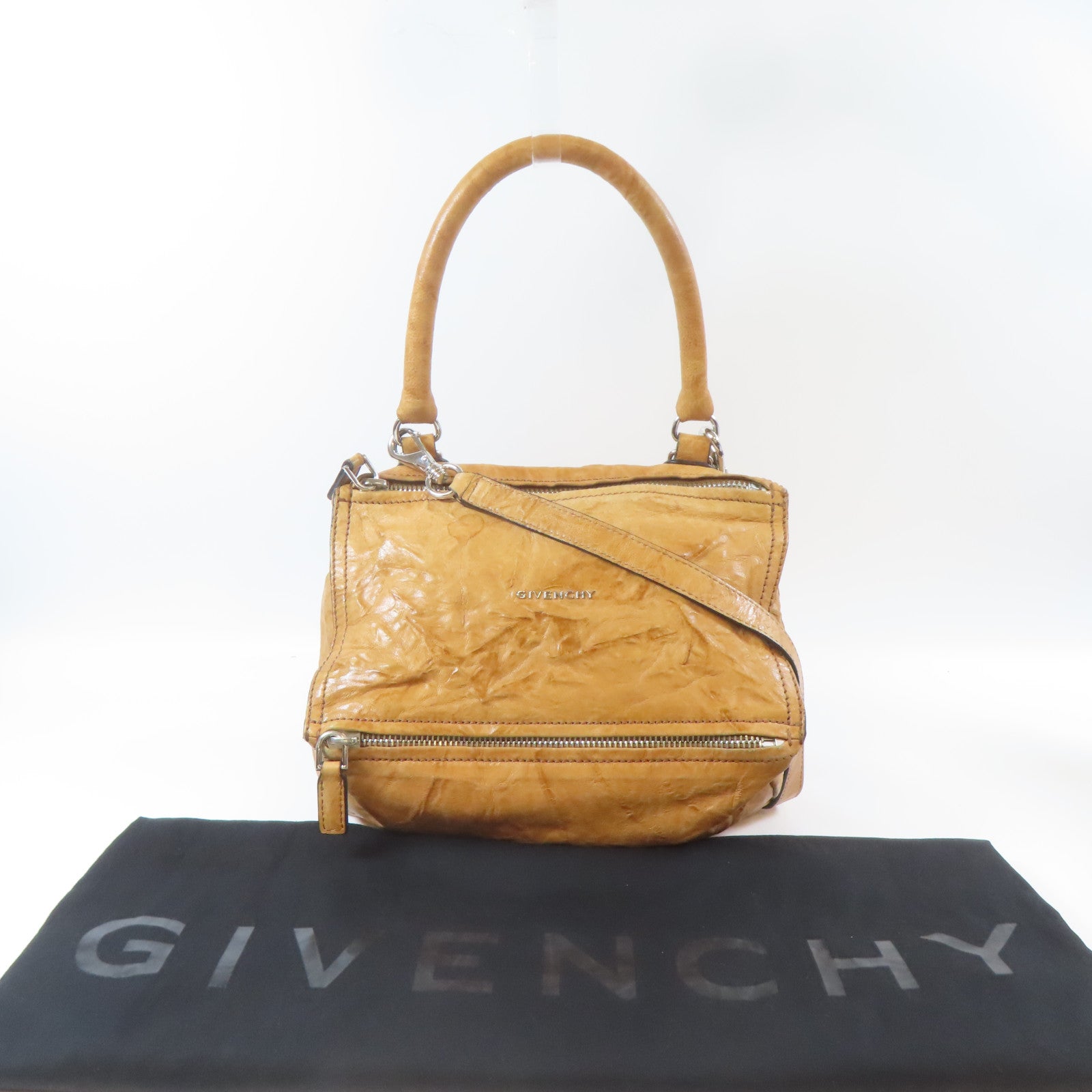 GIVENCHY 皮革Pandora銀扣手挽肩背兩用袋啡色