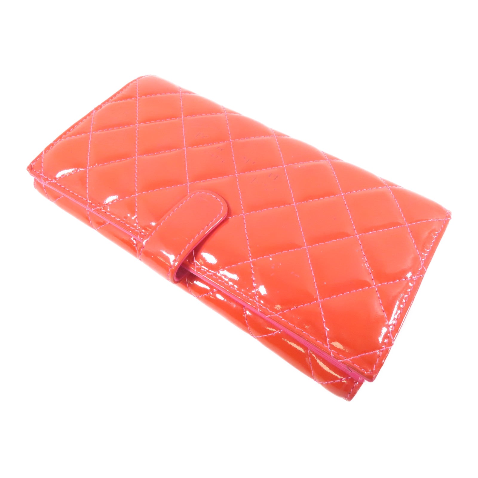 CHANEL 菱格漆皮皮革Long Wallet銀扣長錢包橙色