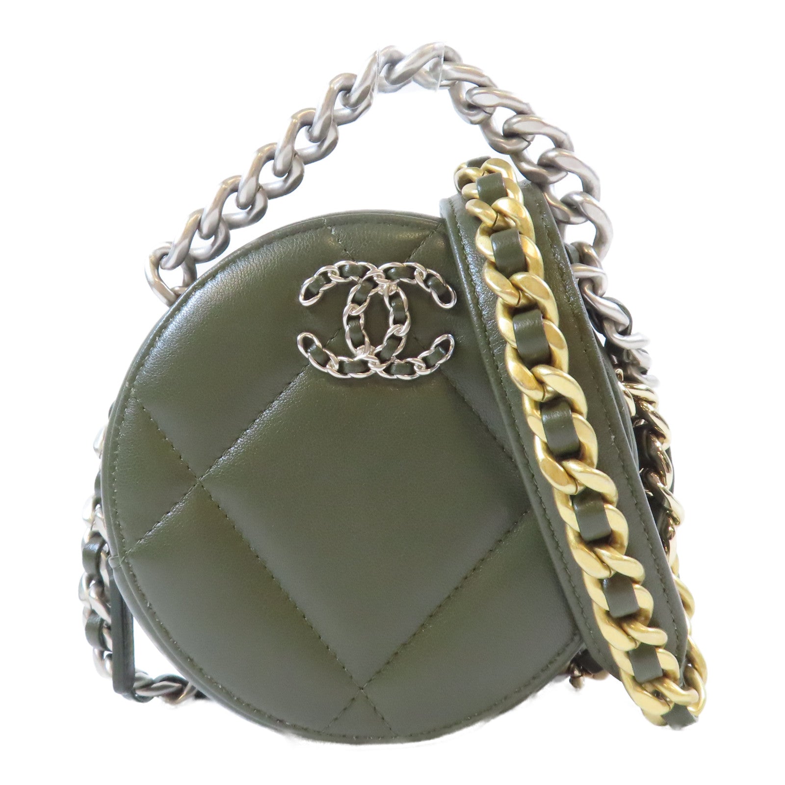 CHANEL 【激減優惠】菱格羊皮皮革Round Clutch 19金/銀扣鏈帶手挽肩背兩用袋綠色