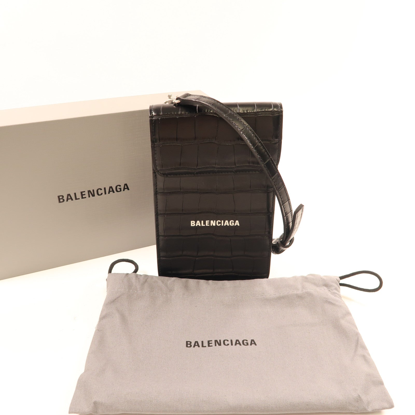 BALENCIAGA 牛皮皮革Cash Phone Card Holder銀扣肩背袋黑色