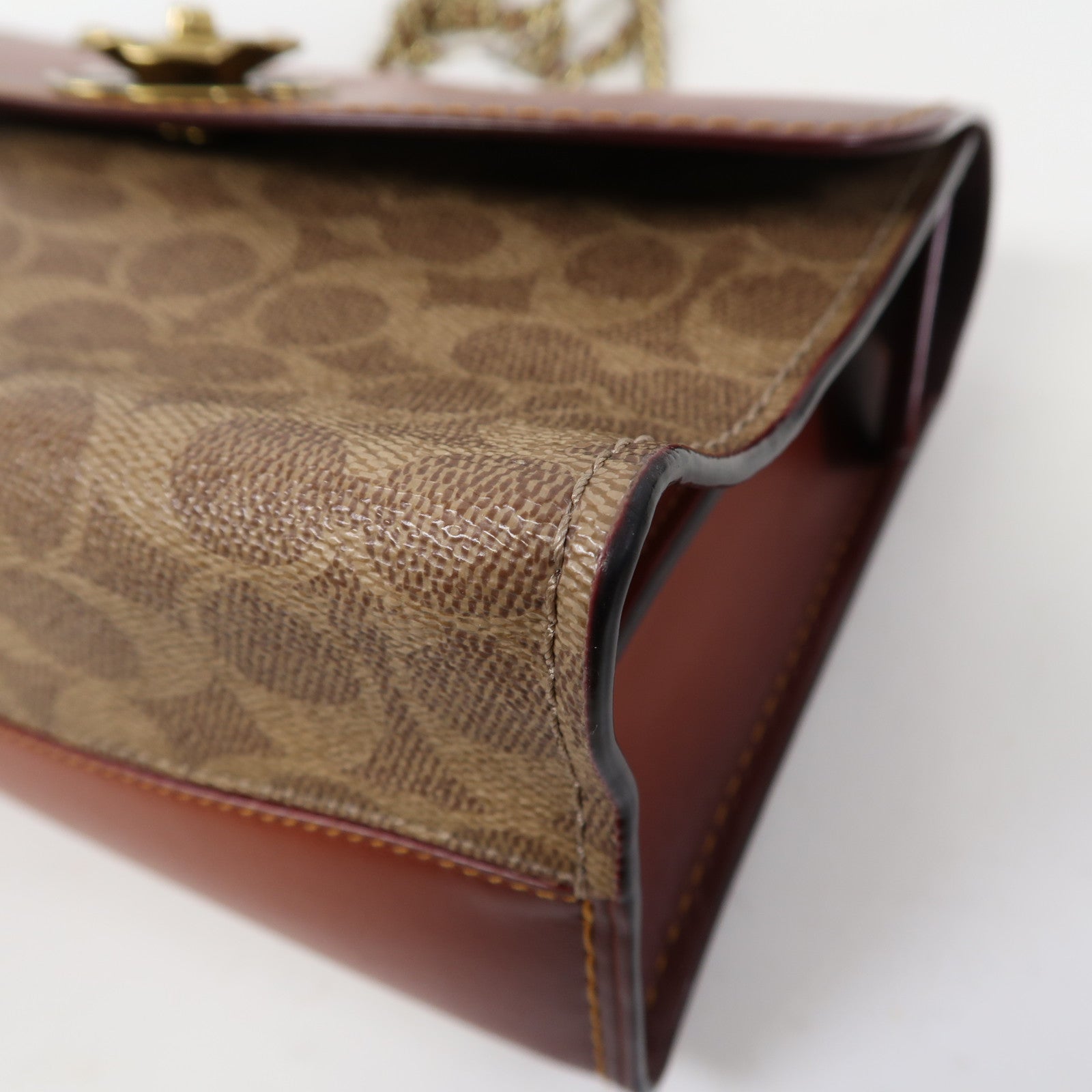 COACH 牛皮皮革/塗層帆布Shoulder Bag金扣鏈帶肩背袋啡色