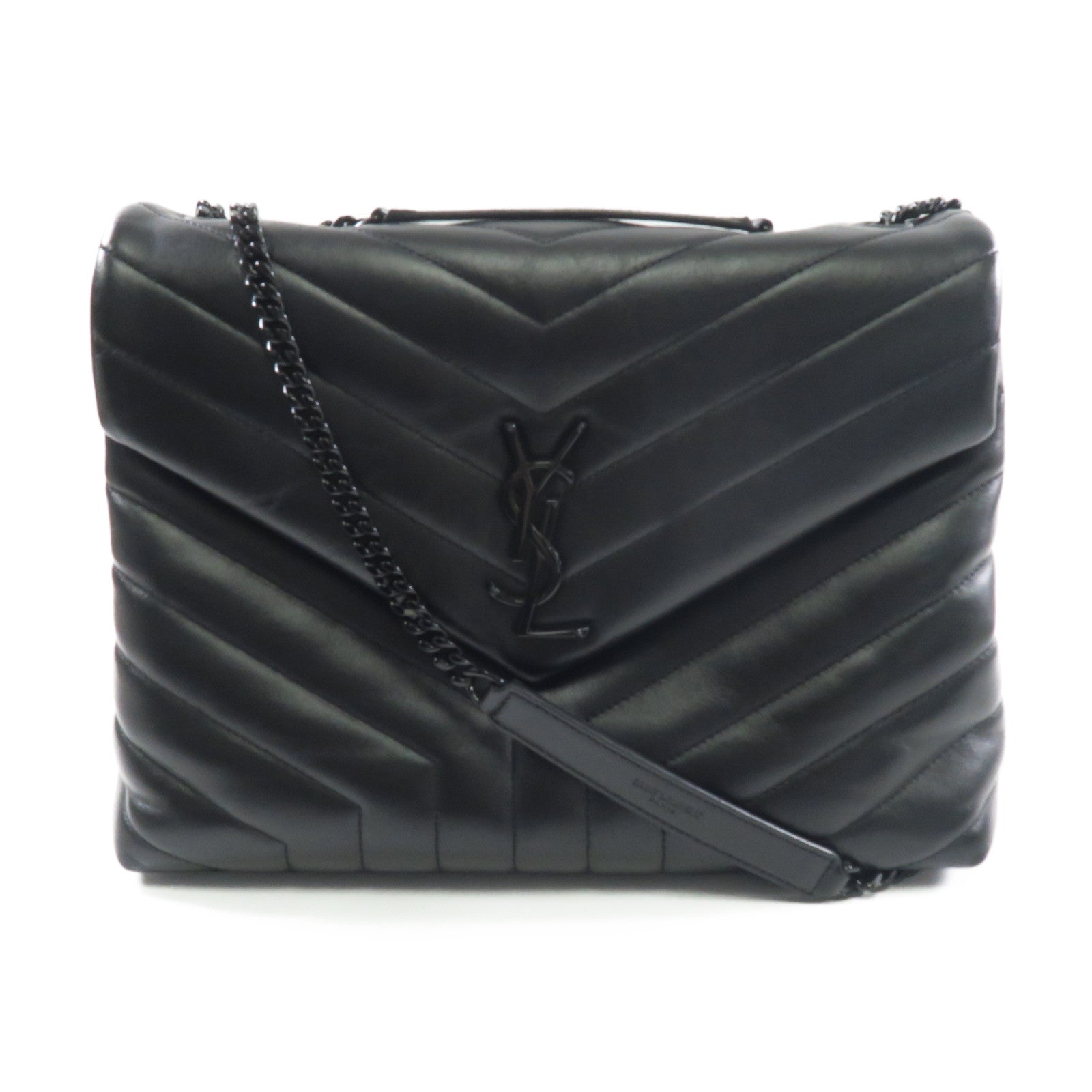 SAINT LAURENT 牛皮皮革LouLou MM黑扣/銀扣鏈帶肩背袋黑色