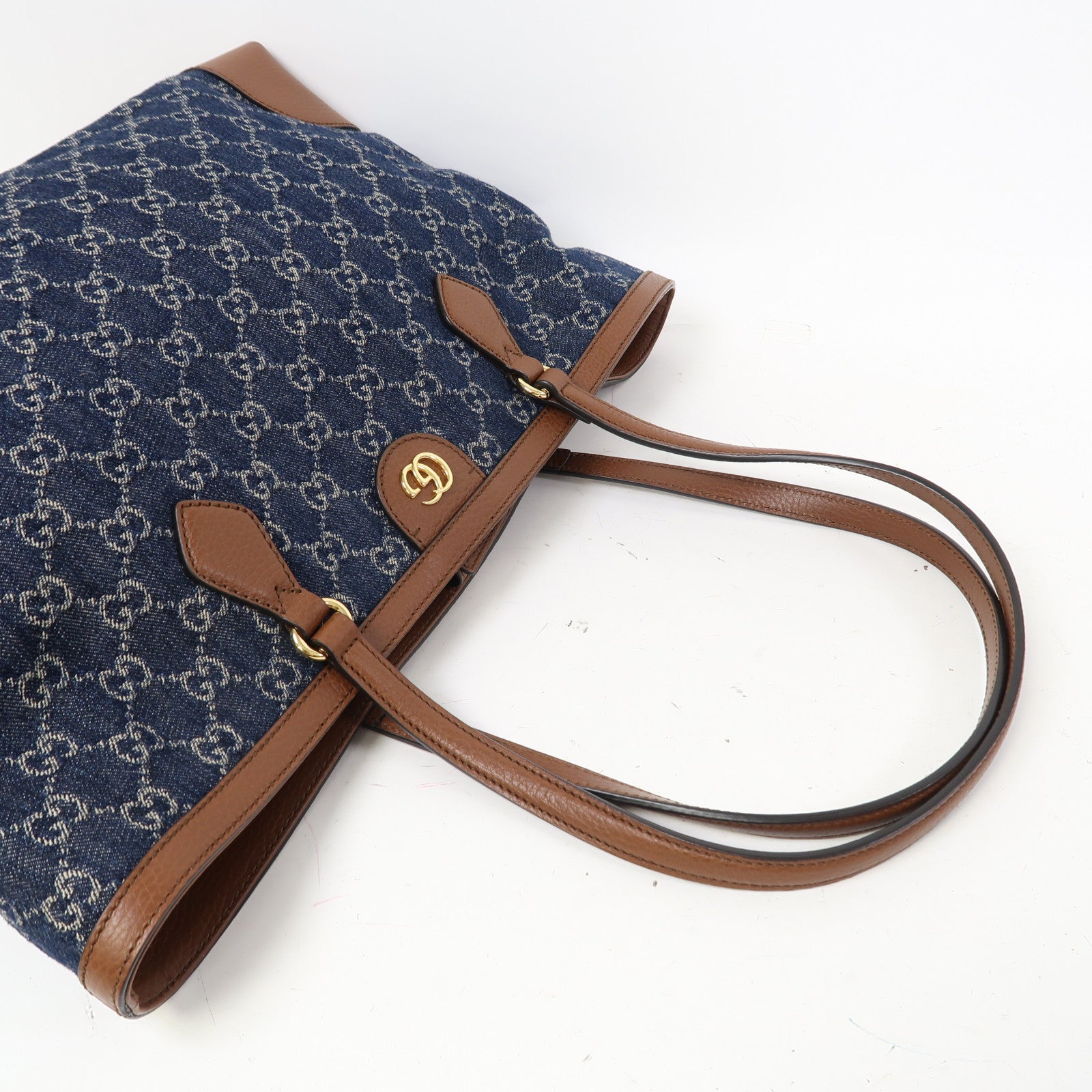 GUCCI 【激減優惠】牛仔布/皮革Tote Bag金扣肩背袋藍色