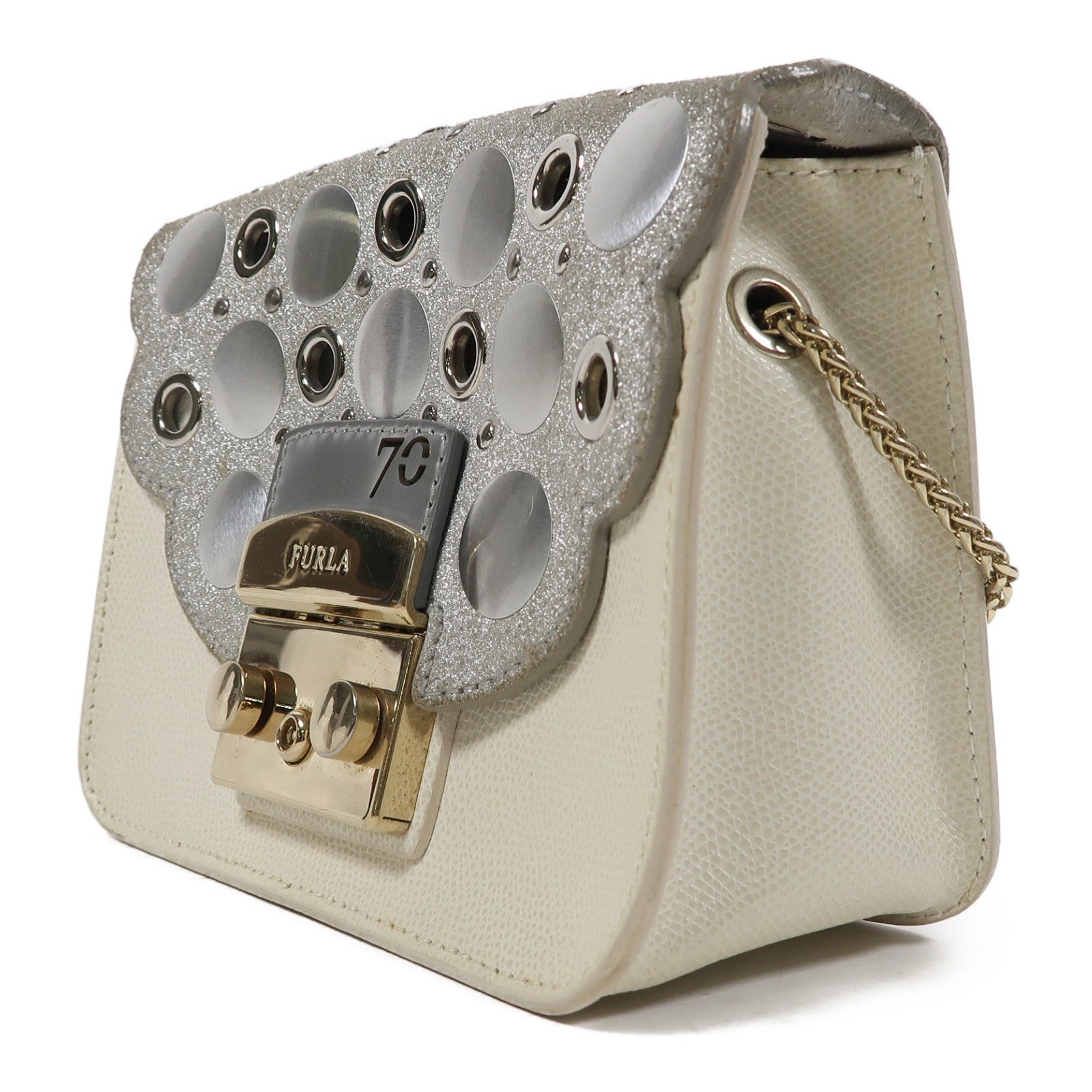 Furla 牛皮皮革Shoulder Bag金扣鏈帶肩背袋白色/灰色