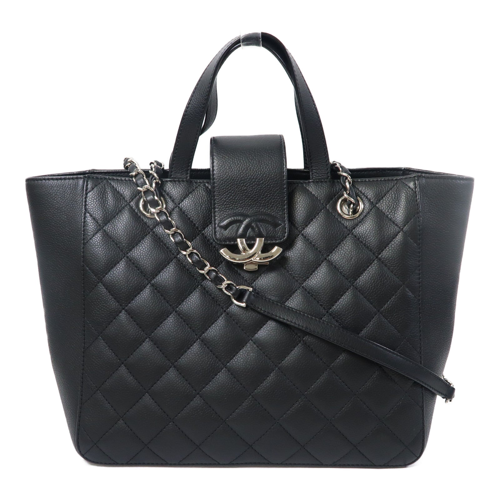 CHANEL 菱格牛皮皮革Chain Shoulder銀扣手挽鏈帶肩背兩用袋黑色