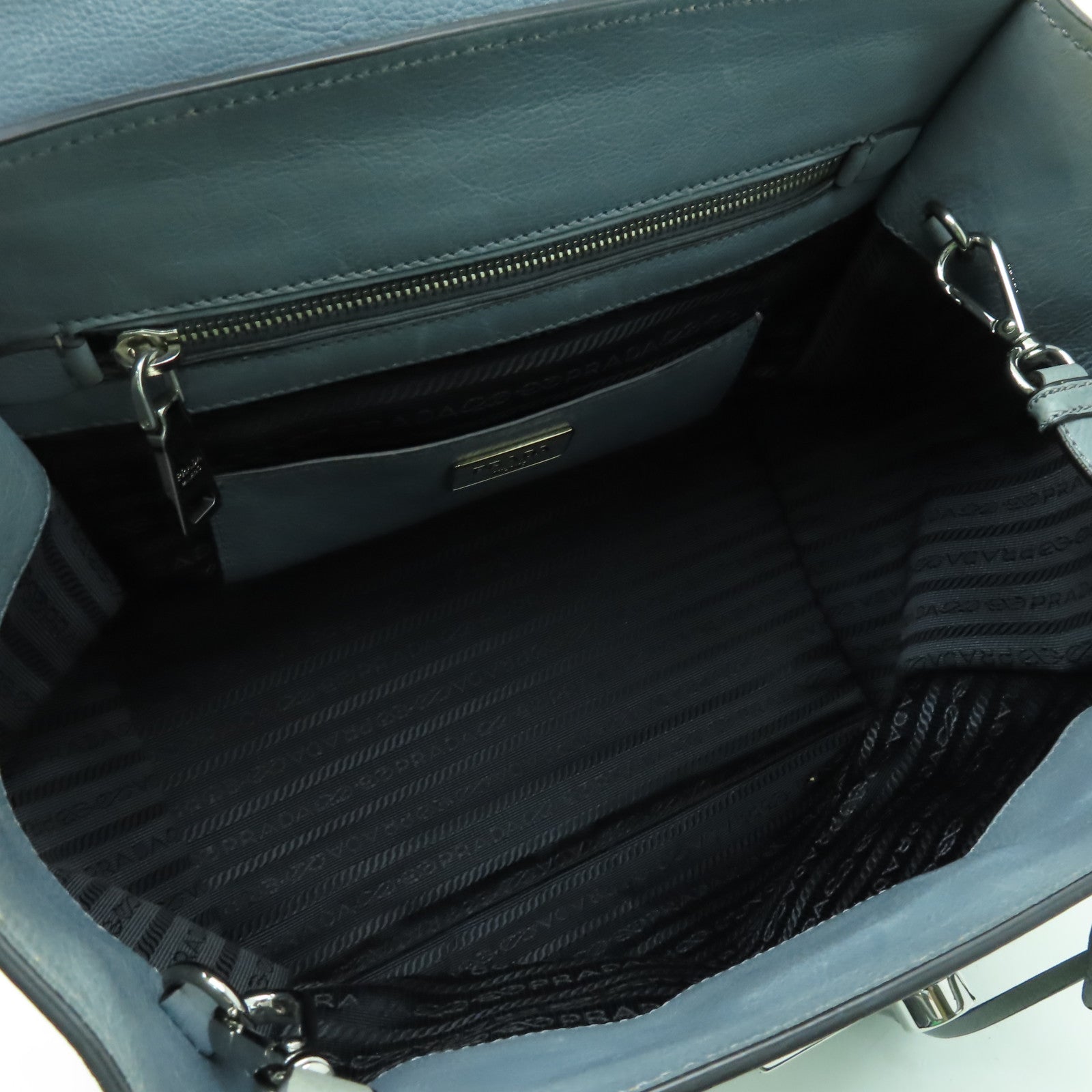 PRADA 【清倉大減價】牛皮皮革2 Way Shoulder Bag銀扣手挽肩背兩用袋海藍色