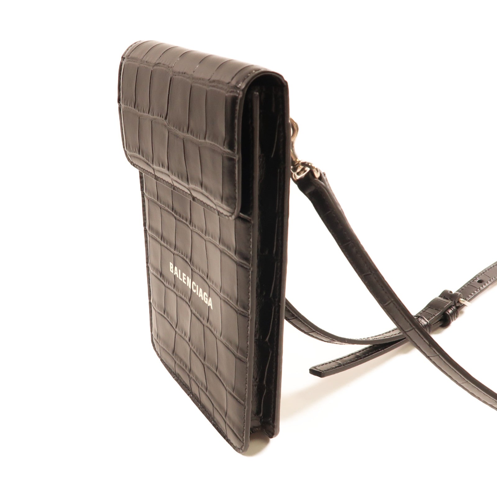 BALENCIAGA 牛皮皮革Cash Phone Card Holder銀扣肩背袋黑色