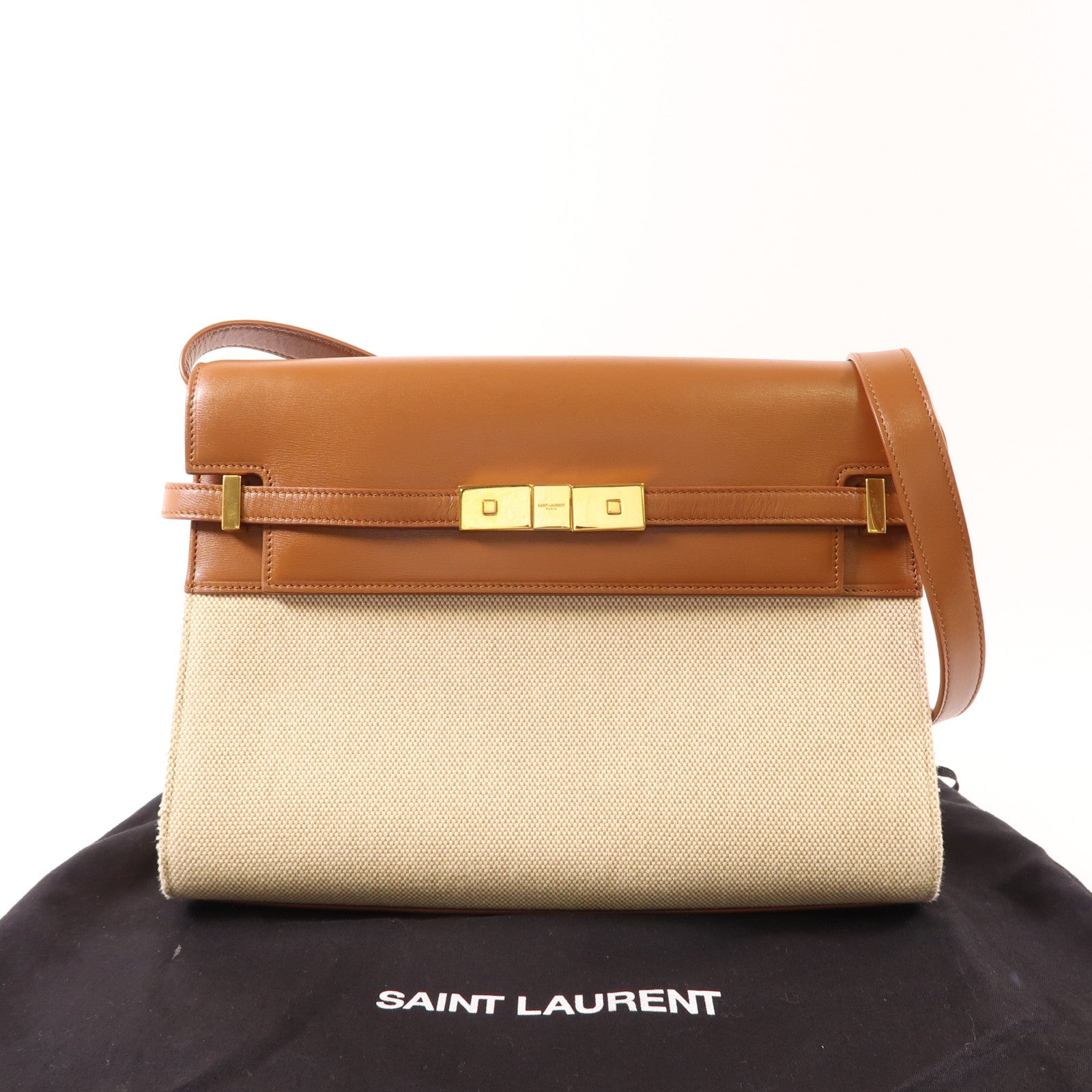 SAINT LAURENT 帆布/牛皮皮革Shoulder Bag金扣肩背袋
