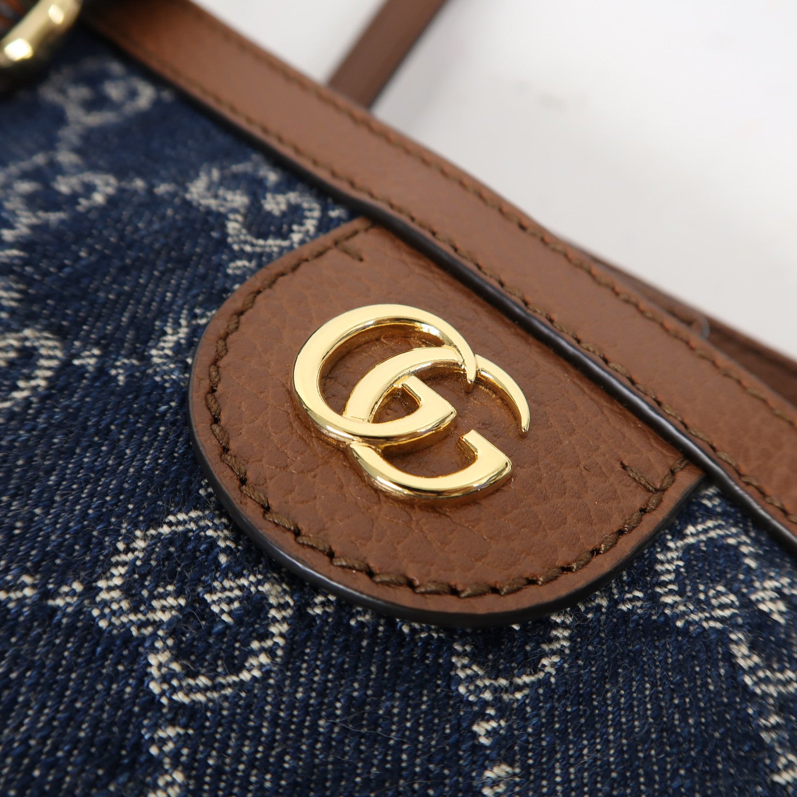 GUCCI 【激減優惠】牛仔布/皮革Tote Bag金扣肩背袋藍色