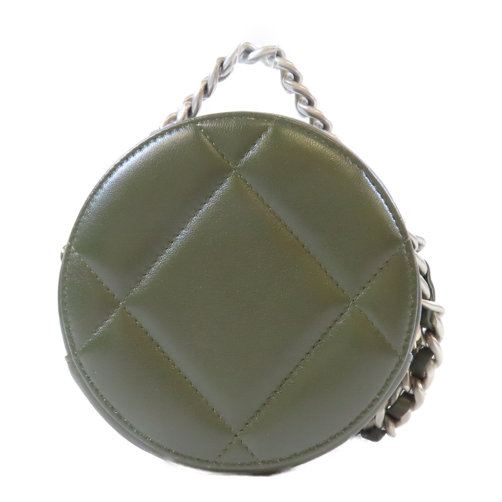 CHANEL 【激減優惠】菱格羊皮皮革Round Clutch 19金/銀扣鏈帶手挽肩背兩用袋綠色