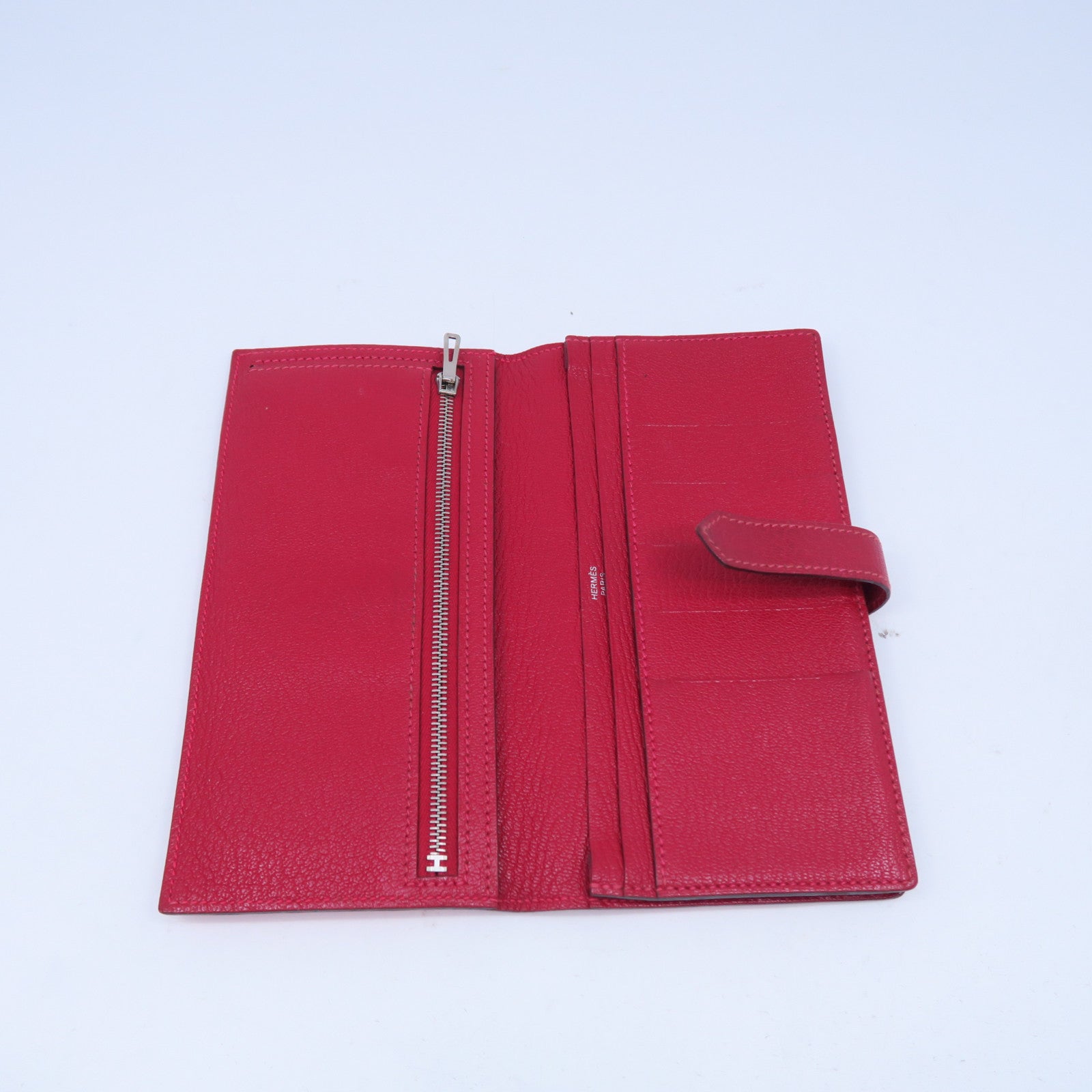 HERMES 【激減優惠】Chevre皮革Bearn Long Wallet銀扣長錢包粉紅色/紅色