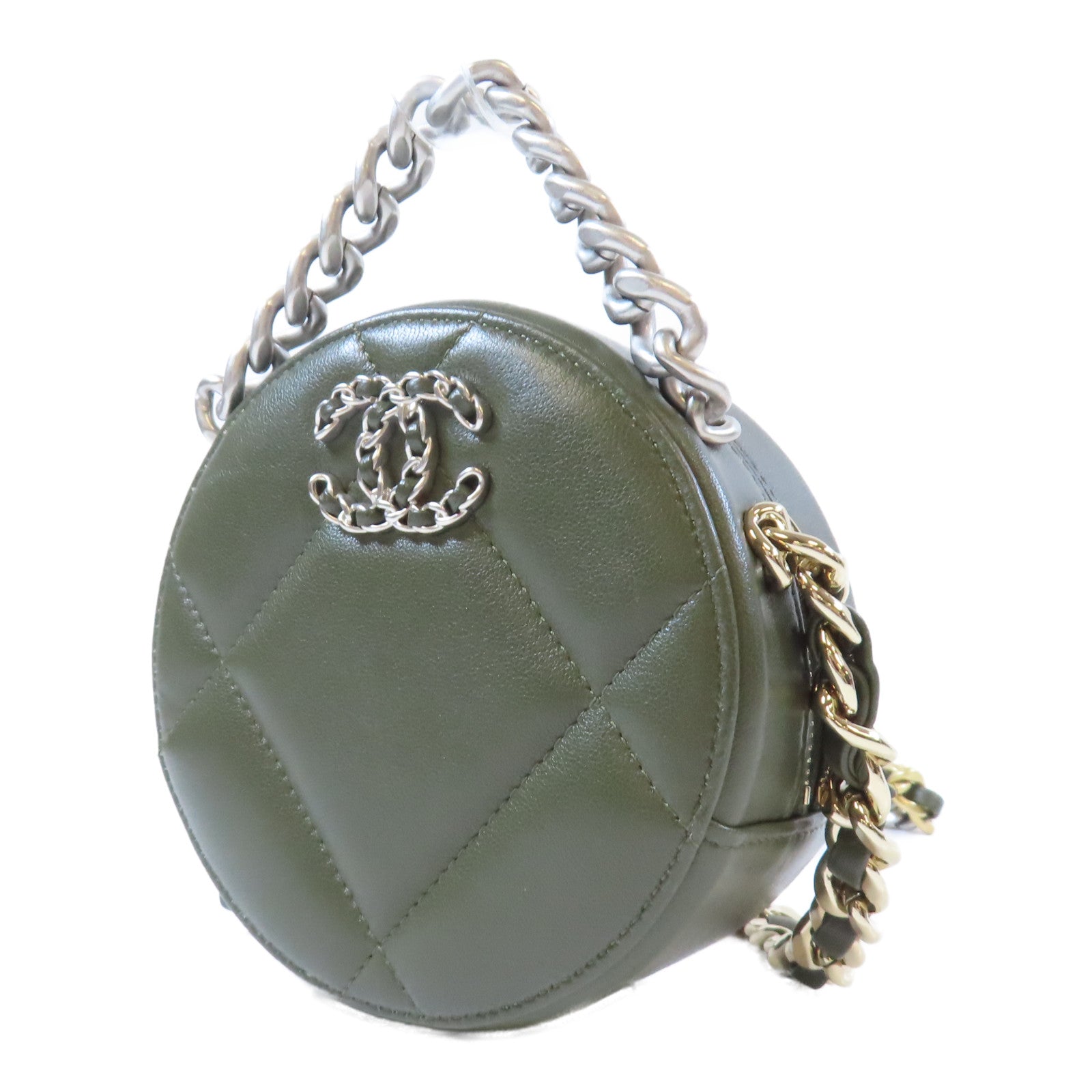 CHANEL 【激減優惠】菱格羊皮皮革Round Clutch 19金/銀扣鏈帶手挽肩背兩用袋綠色