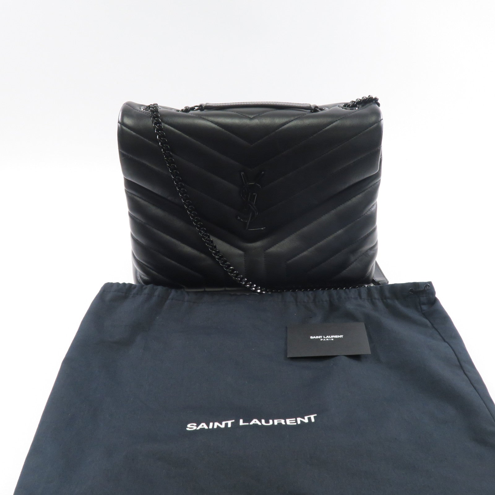 SAINT LAURENT 牛皮皮革LouLou MM黑扣/銀扣鏈帶肩背袋黑色