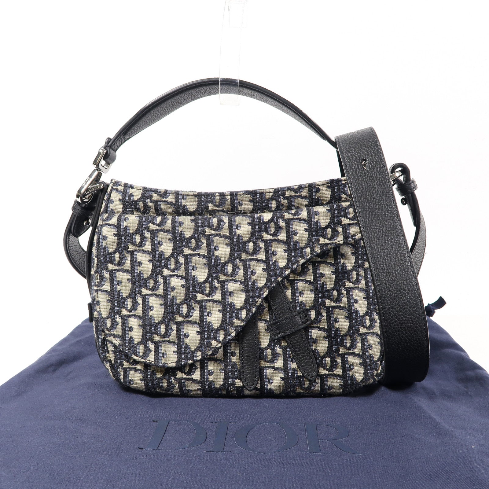 Dior 帆布Mini Saddle Soft Bag銀扣手挽肩背兩用袋米色/深藍色