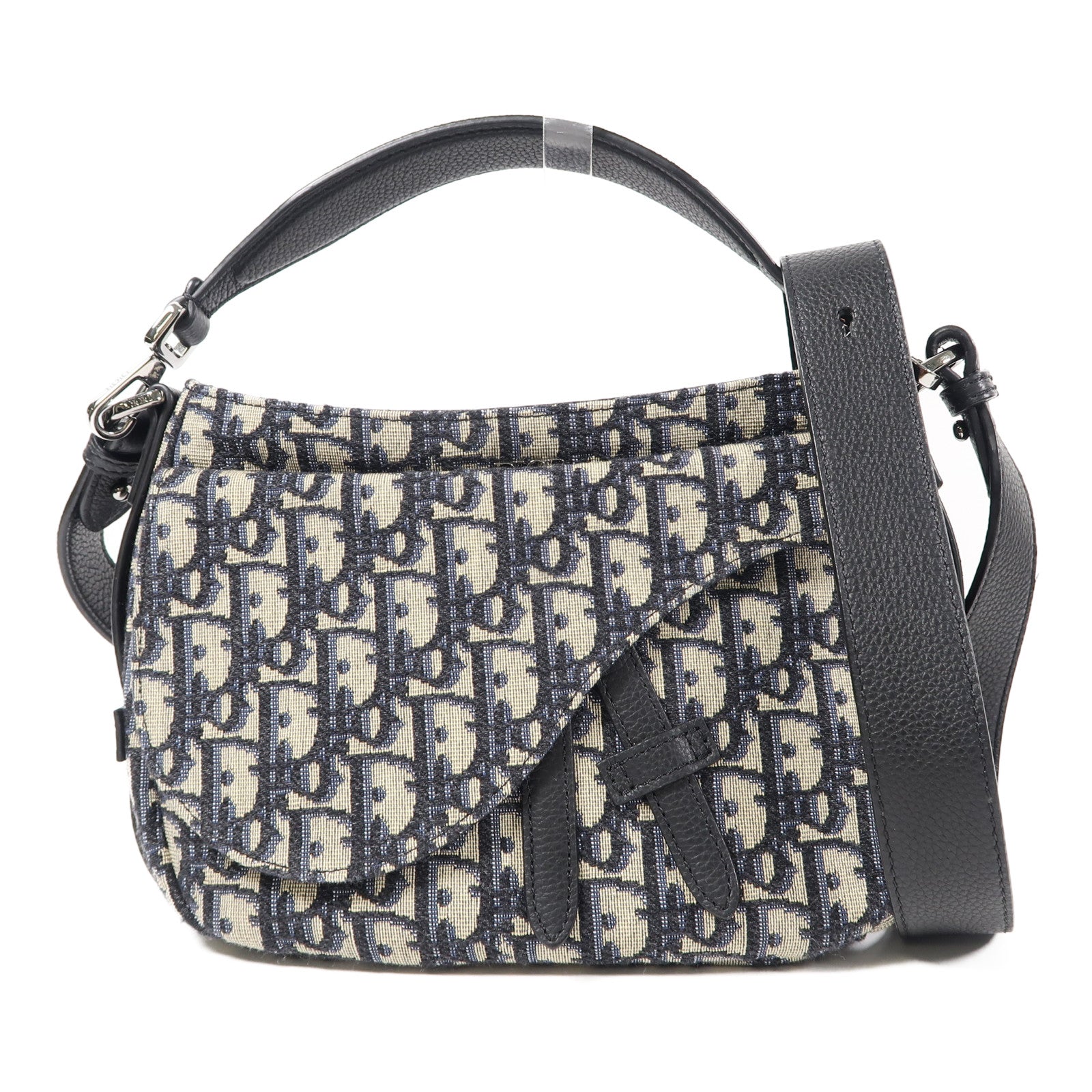 Dior 帆布Mini Saddle Soft Bag銀扣手挽肩背兩用袋米色/深藍色