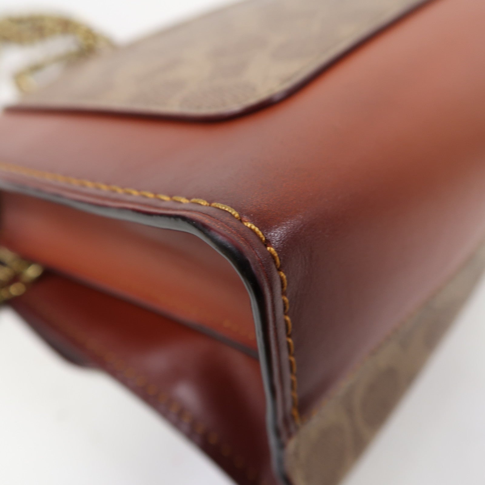 COACH 牛皮皮革/塗層帆布Shoulder Bag金扣鏈帶肩背袋啡色