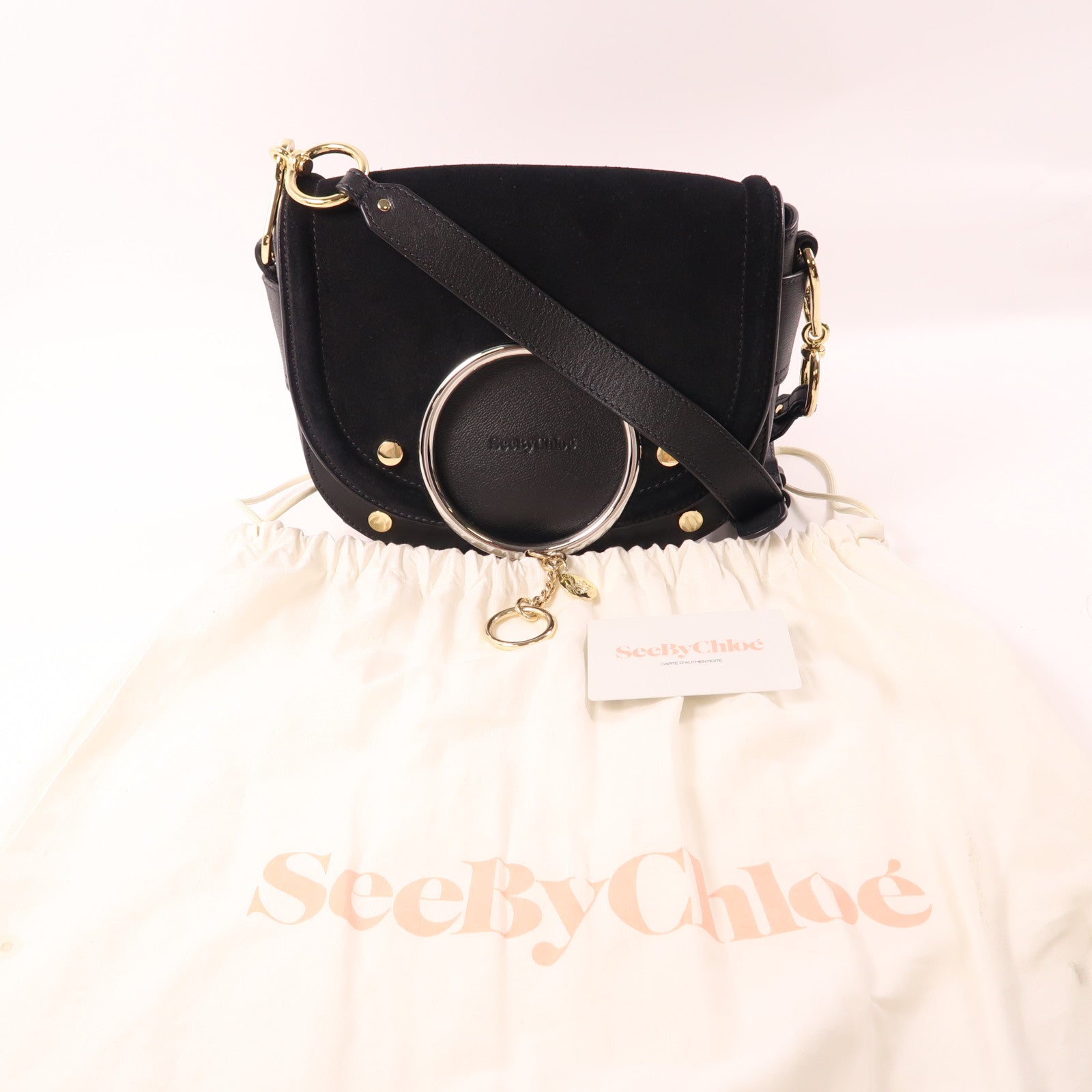 SEE BY CHLOE 牛皮皮革Shoulder Bag銀扣/金扣手挽肩背兩用袋黑色