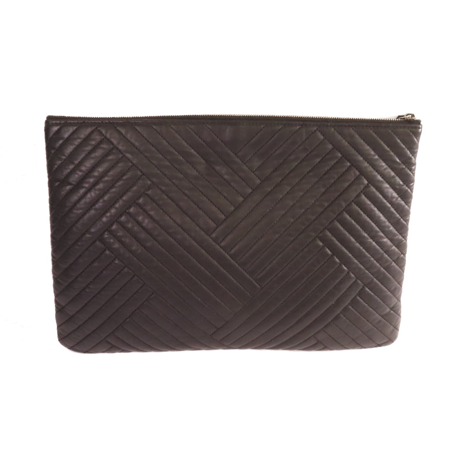 CHANEL 牛皮皮革Clutch銀扣手拿包黑色