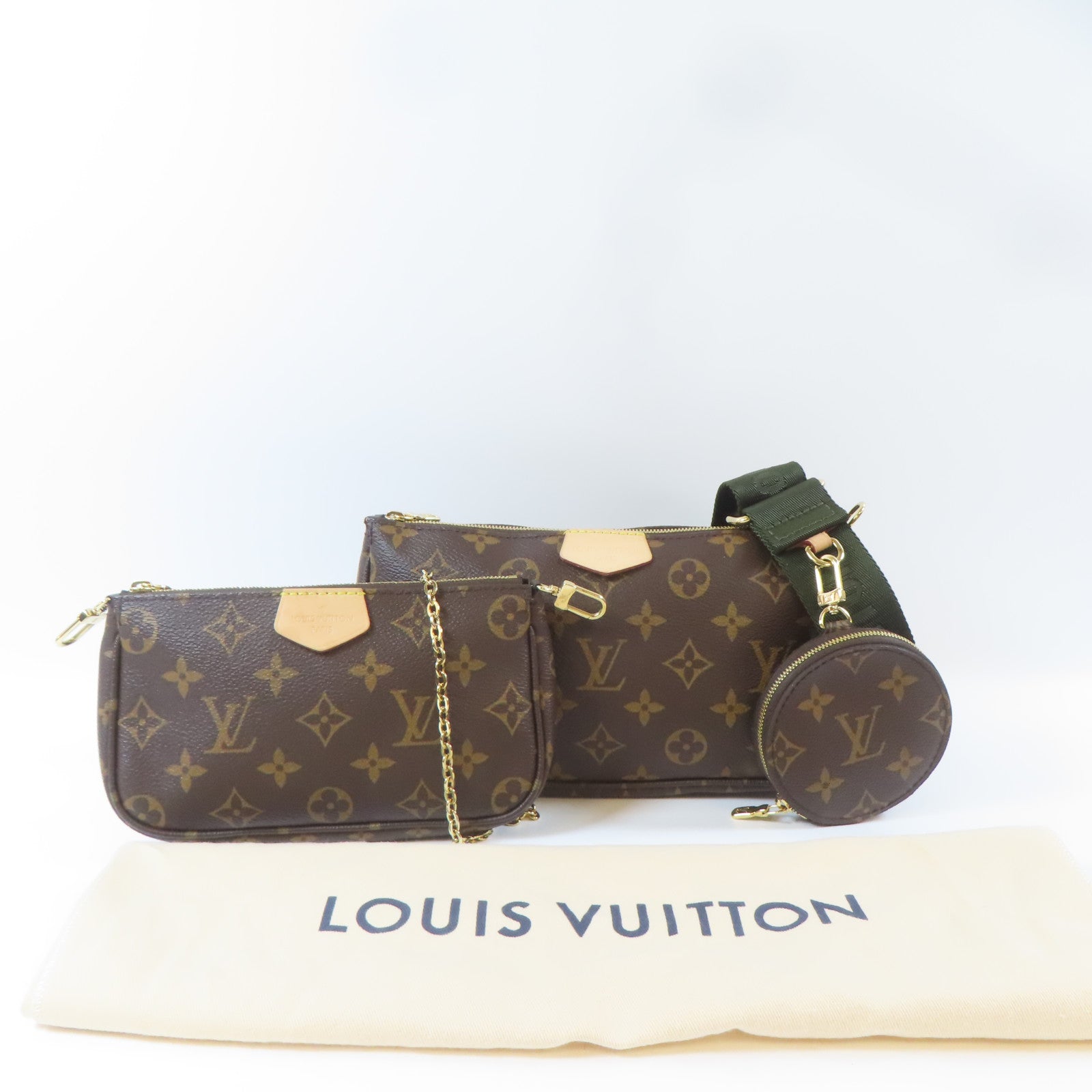 LOUIS VUITTON Monogram Multi Pochette Accessories金扣肩背袋綠色/啡色