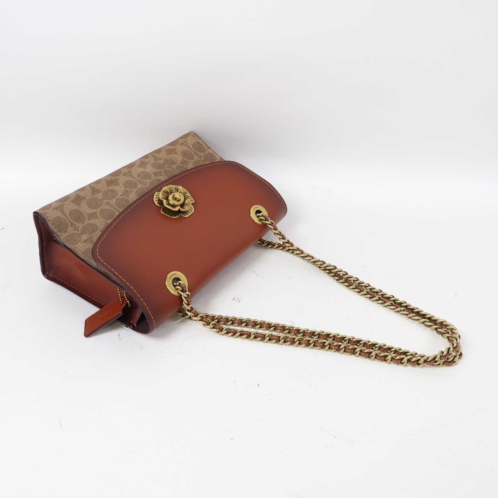 COACH 牛皮皮革/塗層帆布Shoulder Bag金扣鏈帶肩背袋啡色