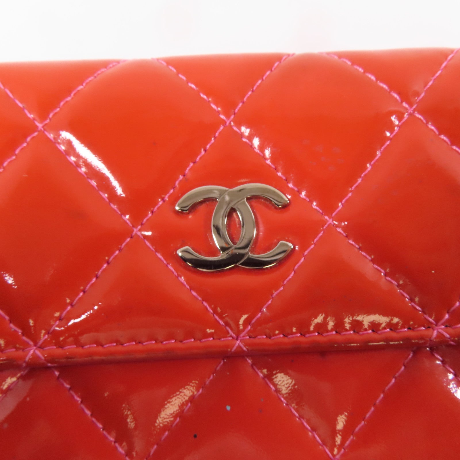 CHANEL 菱格漆皮皮革Long Wallet銀扣長錢包橙色