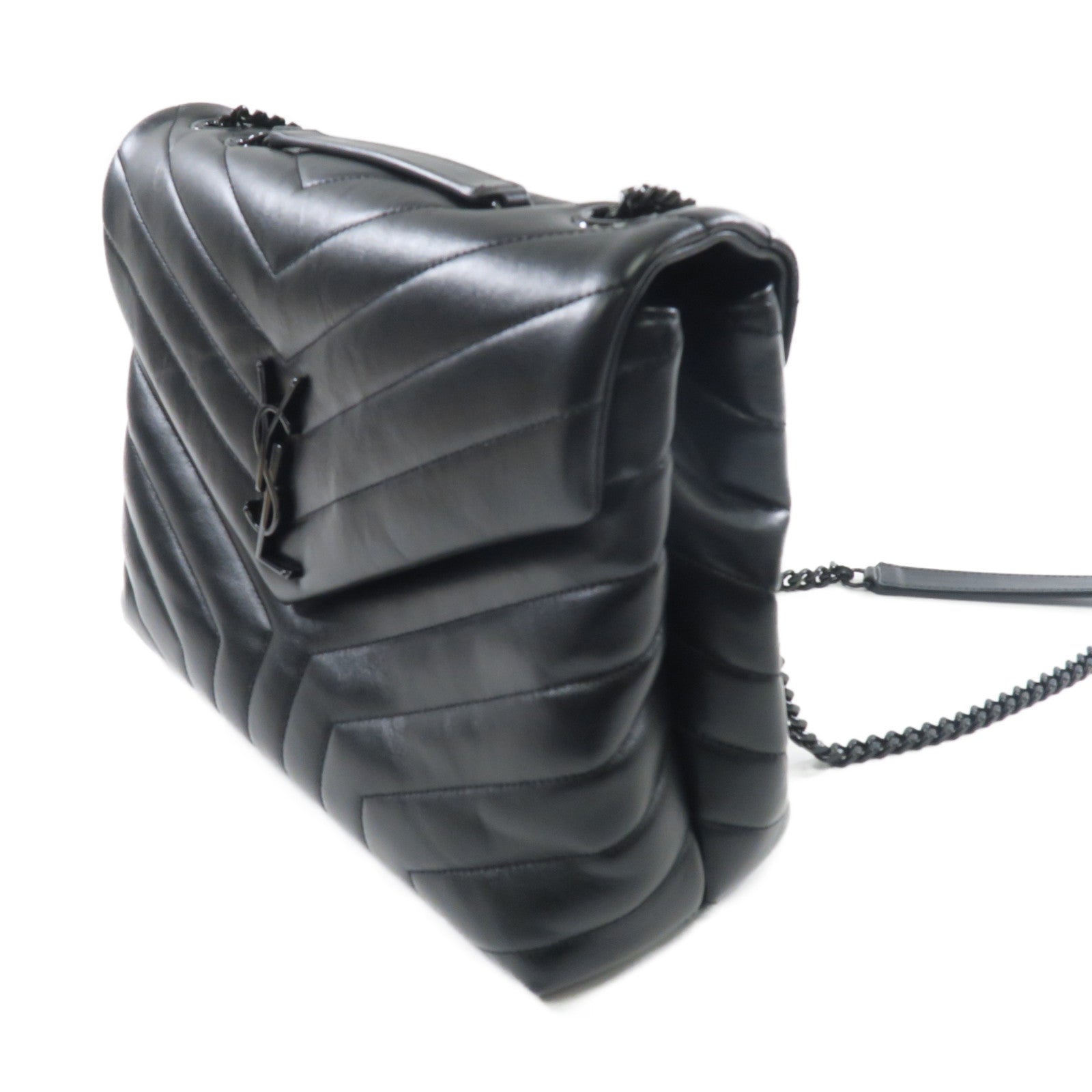 SAINT LAURENT 牛皮皮革LouLou MM黑扣/銀扣鏈帶肩背袋黑色