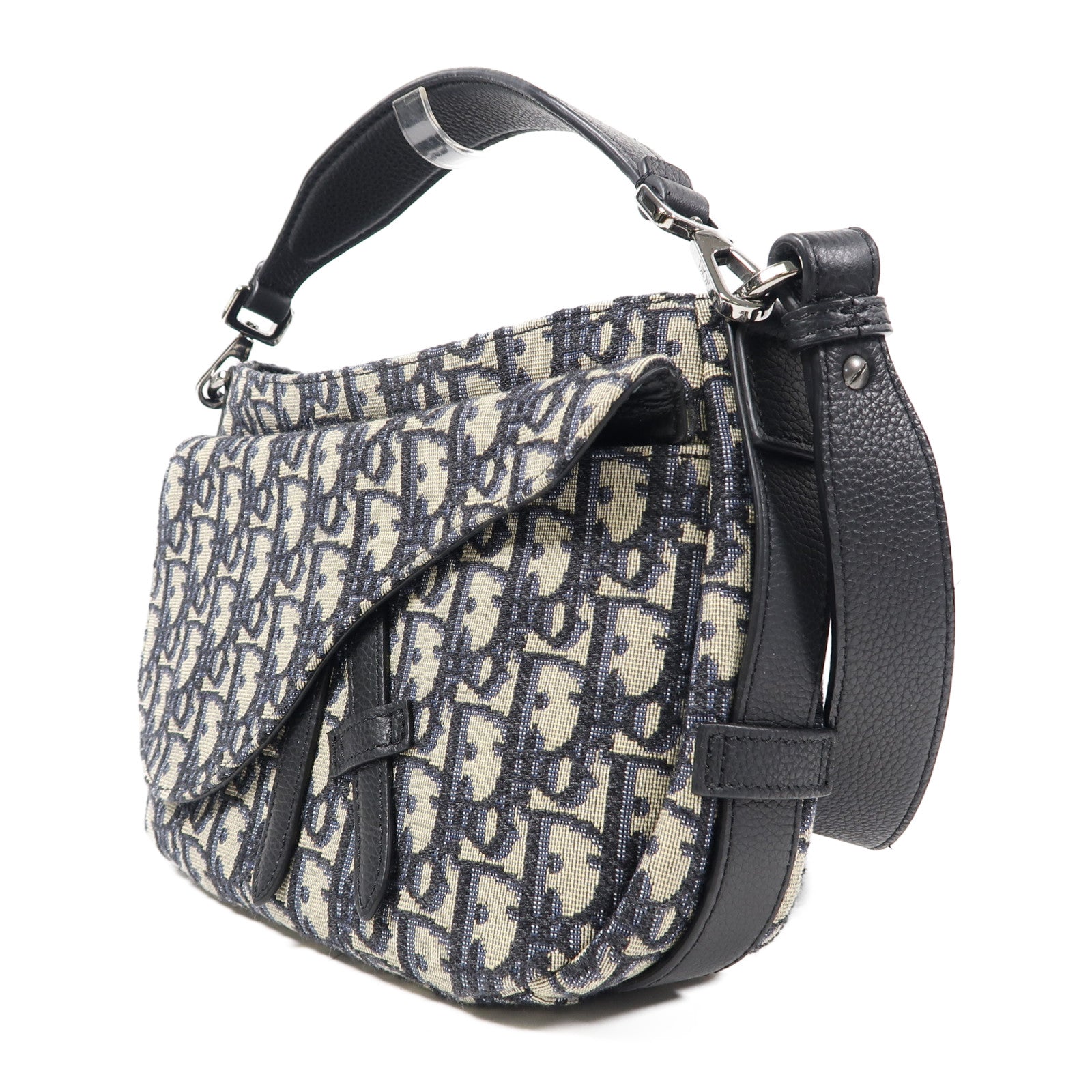 Dior 帆布Mini Saddle Soft Bag銀扣手挽肩背兩用袋米色/深藍色
