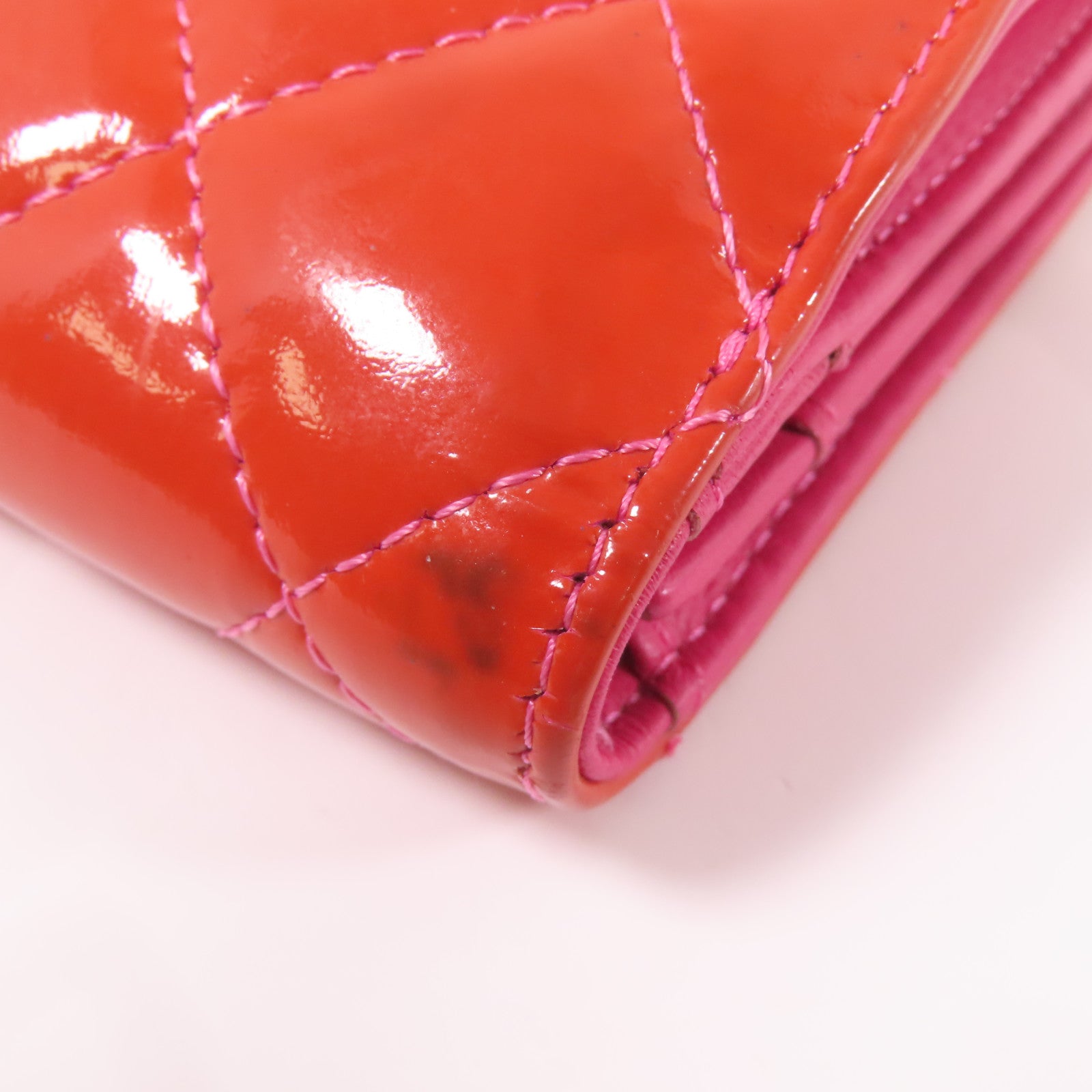 CHANEL 菱格漆皮皮革Long Wallet銀扣長錢包橙色