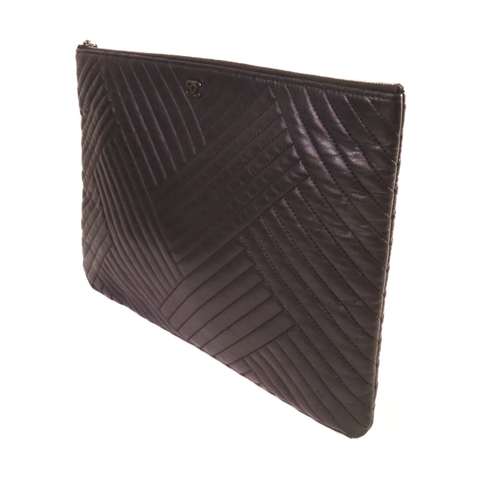 CHANEL 牛皮皮革Clutch銀扣手拿包黑色