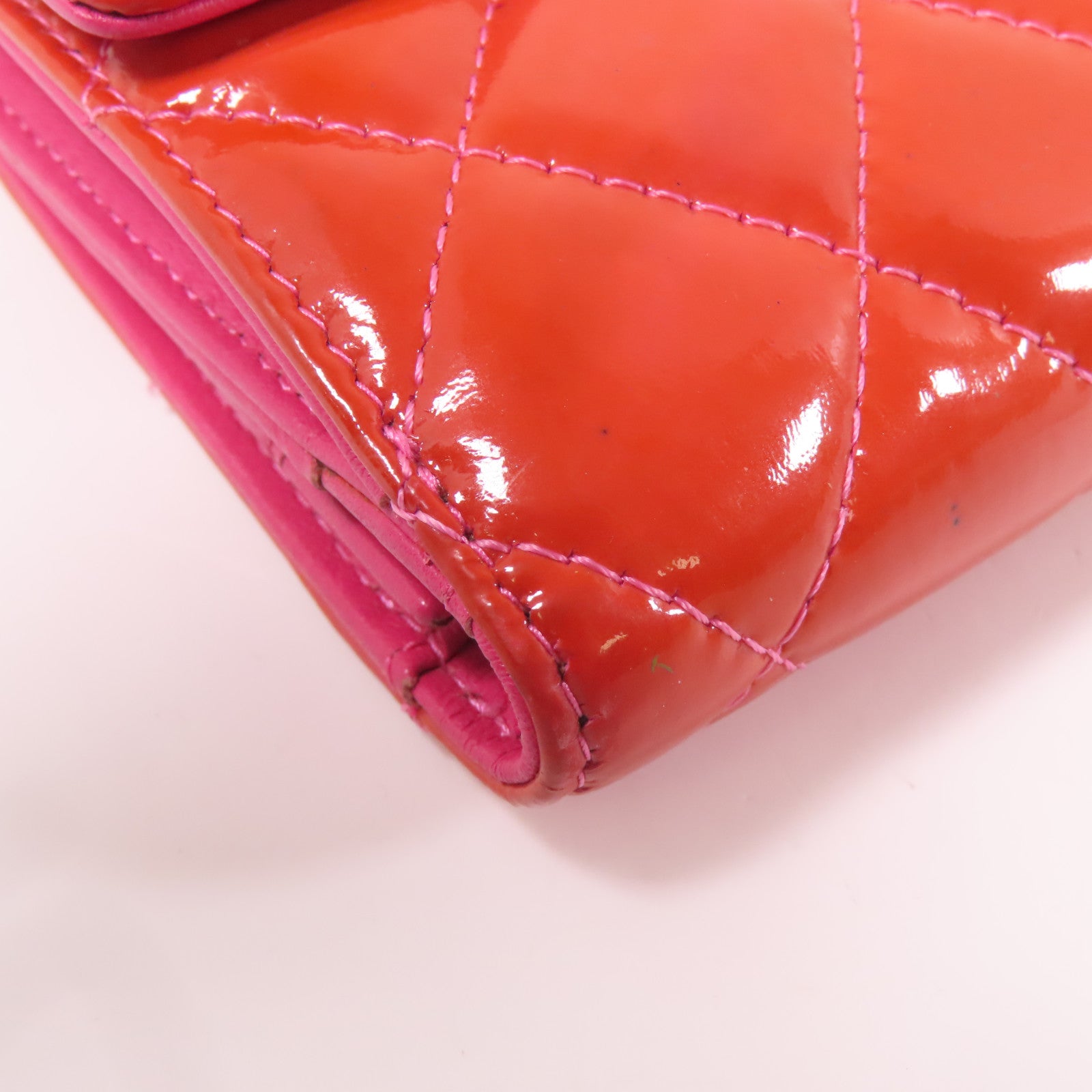 CHANEL 菱格漆皮皮革Long Wallet銀扣長錢包橙色