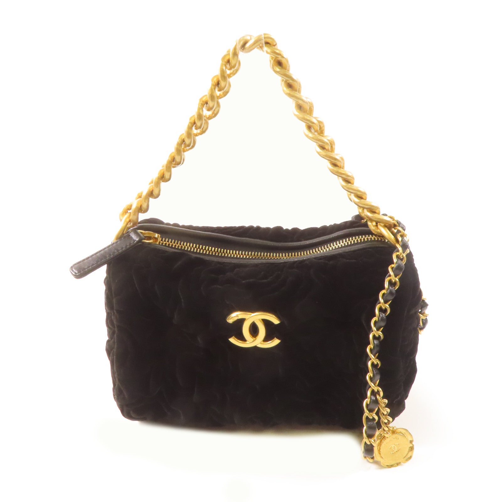 CHANEL Velvet 2Way Shoulder Bag金扣鏈帶手挽肩背兩用袋黑色