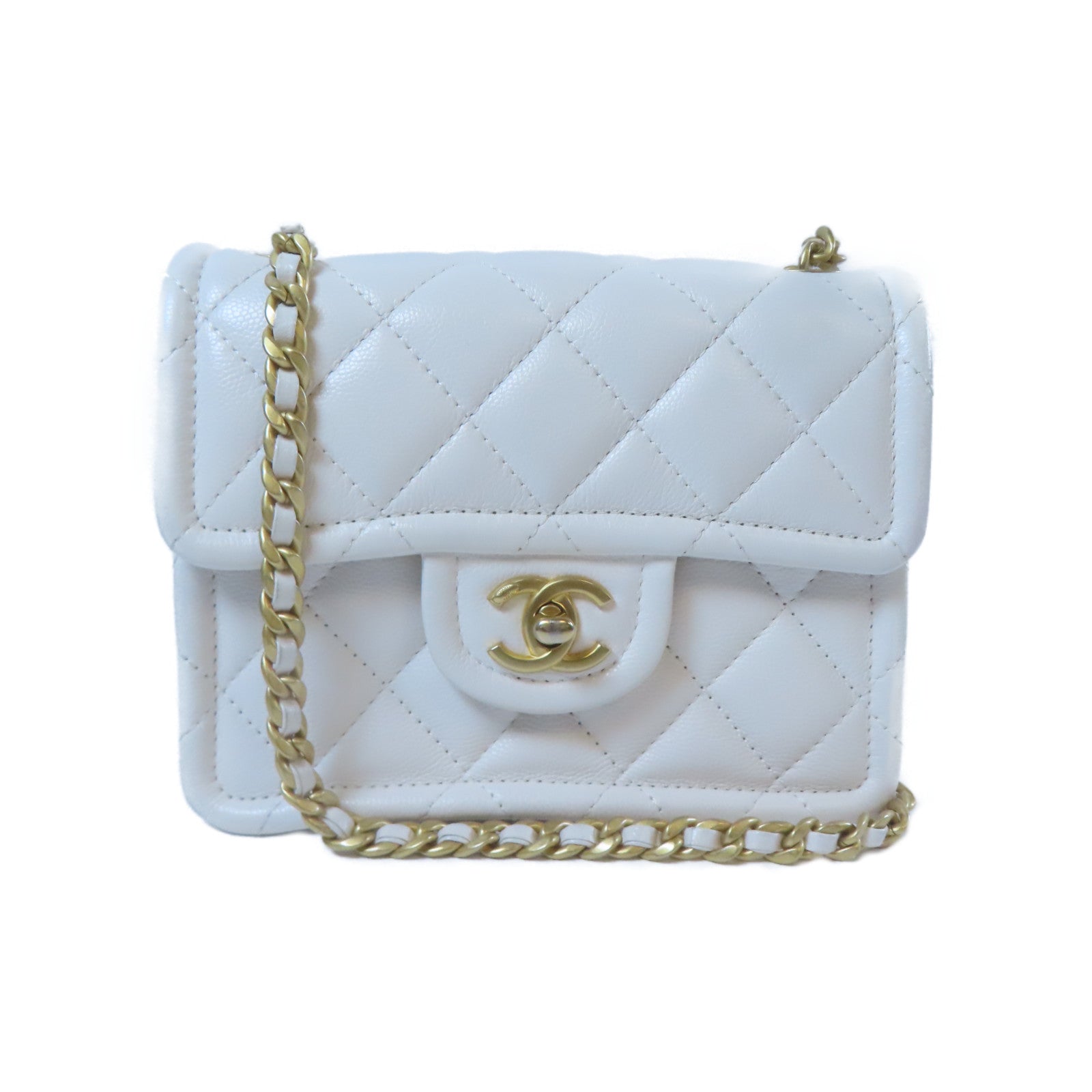 CHANEL 【激減優惠】菱格牛皮皮革Chain Shoulder金扣鏈帶肩背袋白色