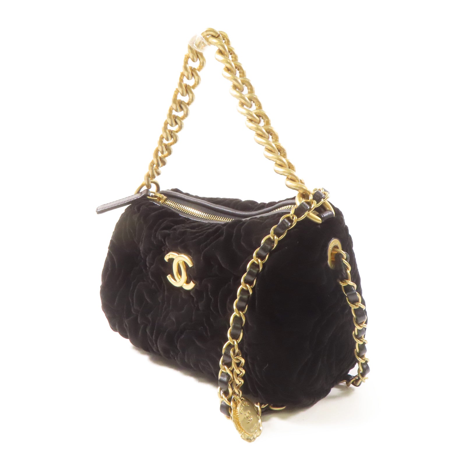 CHANEL Velvet 2Way Shoulder Bag金扣鏈帶手挽肩背兩用袋黑色