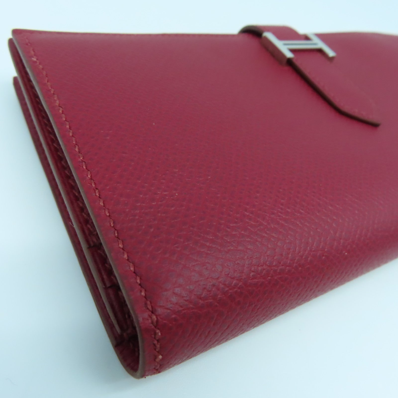 HERMES 【清倉大減價】Epsom皮革Bearn bi-fold銀扣長錢包Rouge紅色