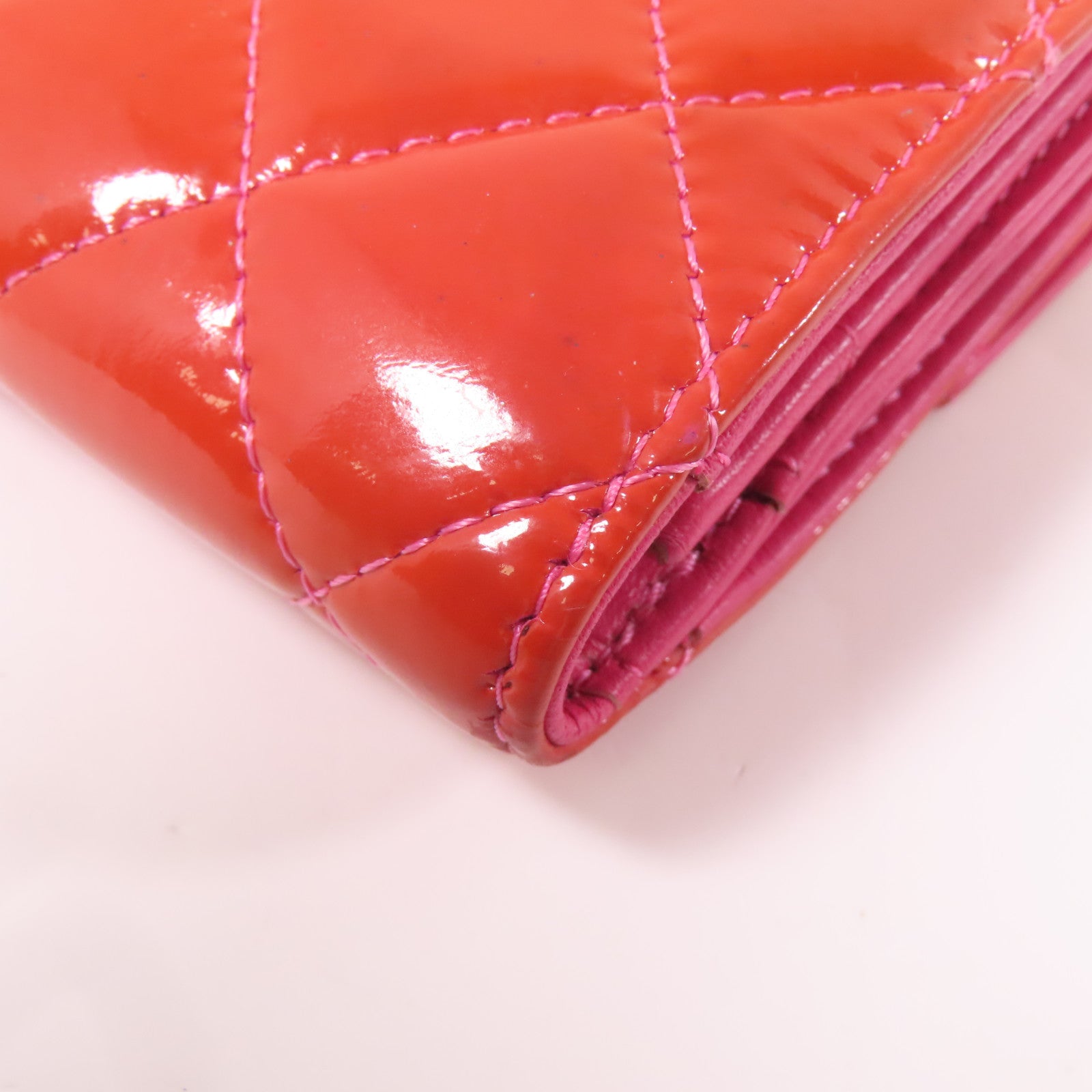CHANEL 菱格漆皮皮革Long Wallet銀扣長錢包橙色