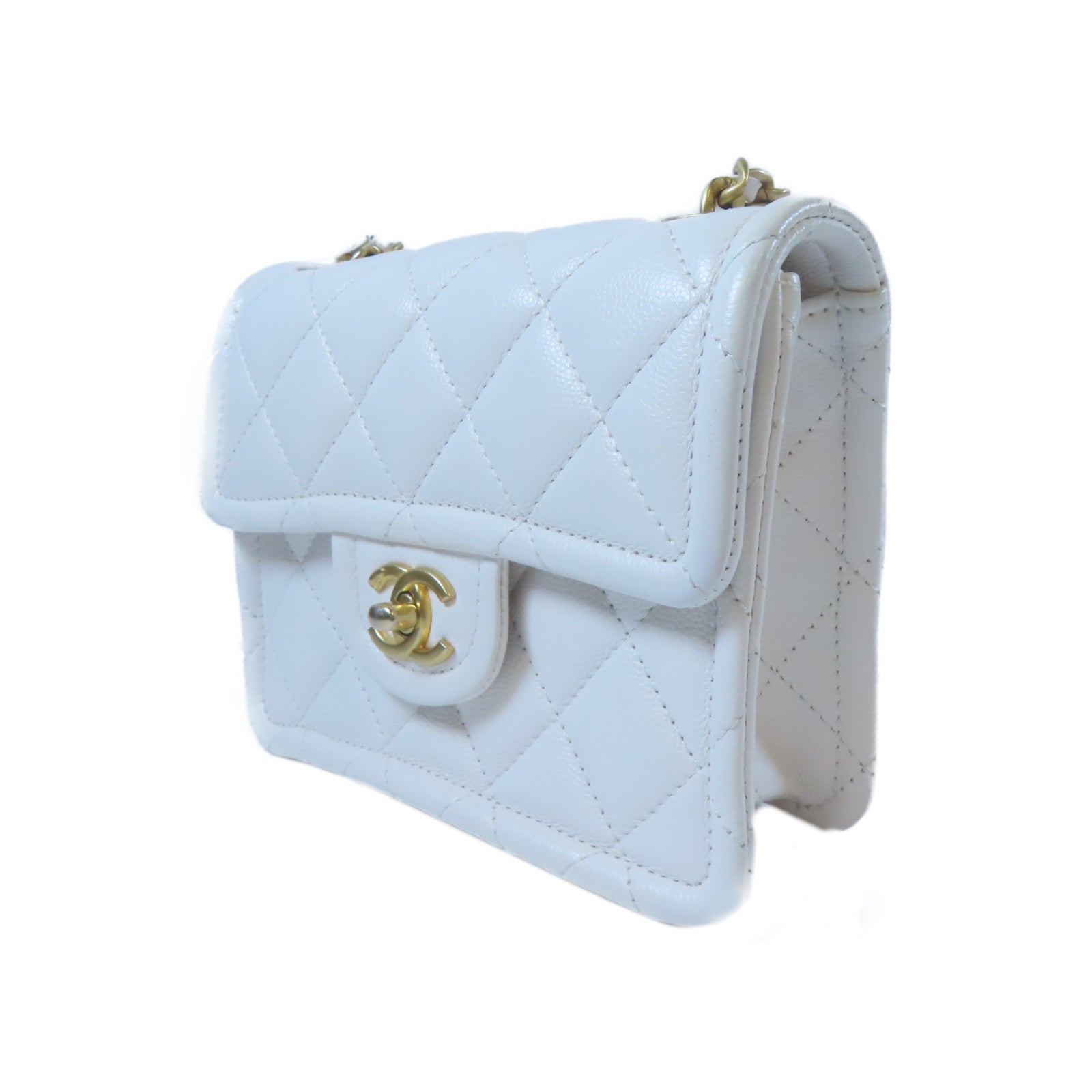 CHANEL 【激減優惠】菱格牛皮皮革Chain Shoulder金扣鏈帶肩背袋白色