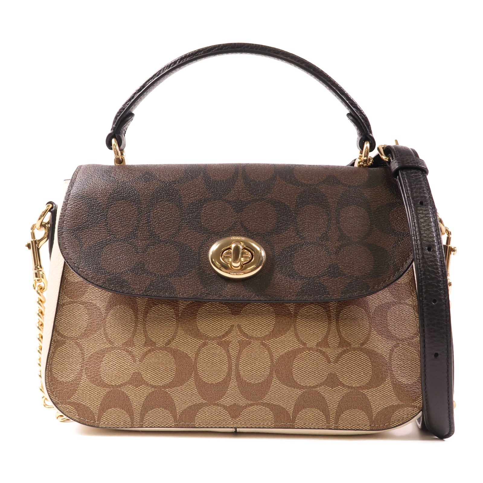 COACH GHW 2 Way Bag Coated Canvas Brown/White