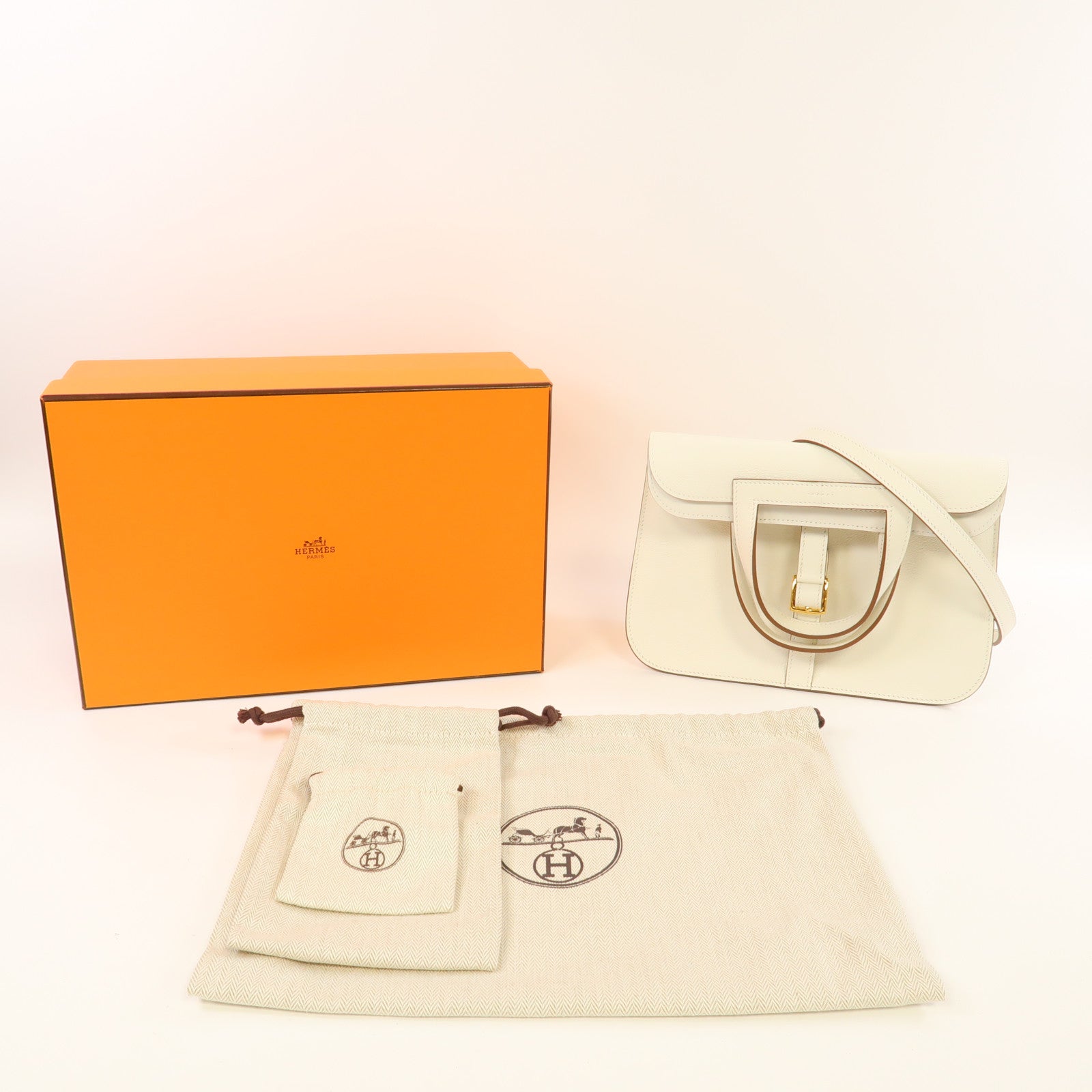 HERMES Clemence皮革Halzan金扣手挽肩背兩用袋奶昔白色