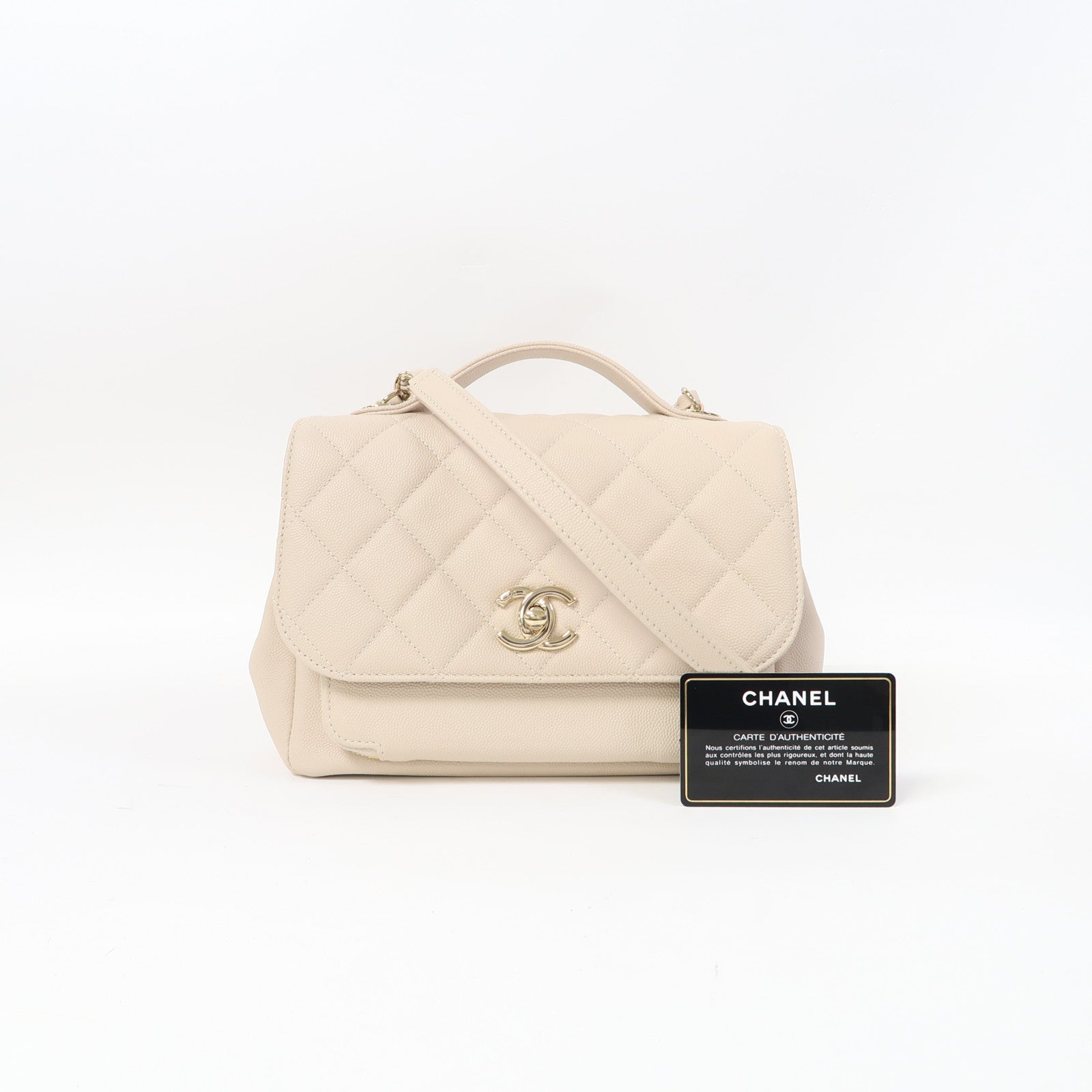 CHANEL 菱格Caviar皮革Shoulder Bag金扣鏈帶肩背袋米色