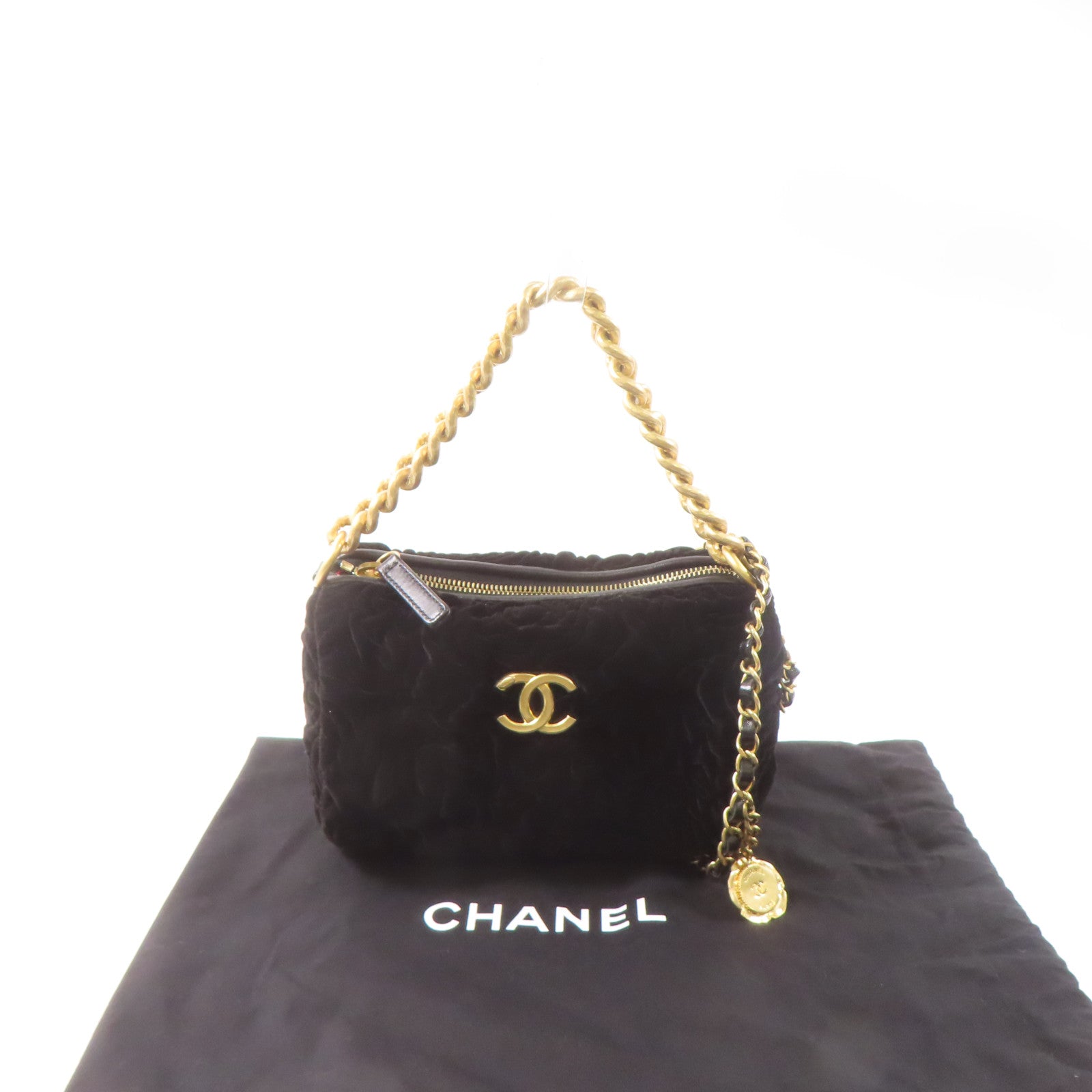 CHANEL Velvet 2Way Shoulder Bag金扣鏈帶手挽肩背兩用袋黑色