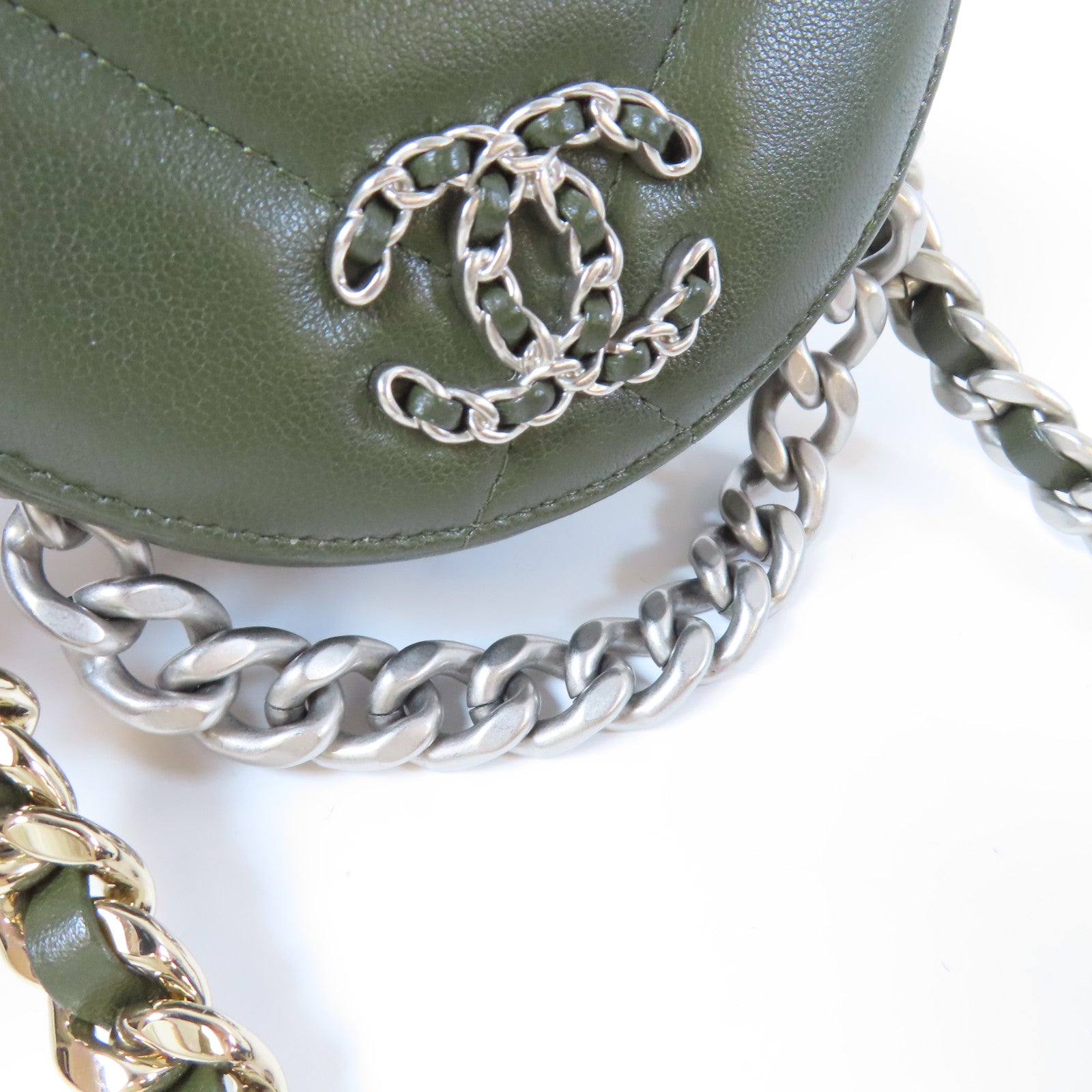 CHANEL 【激減優惠】菱格羊皮皮革Round Clutch 19金/銀扣鏈帶手挽肩背兩用袋綠色