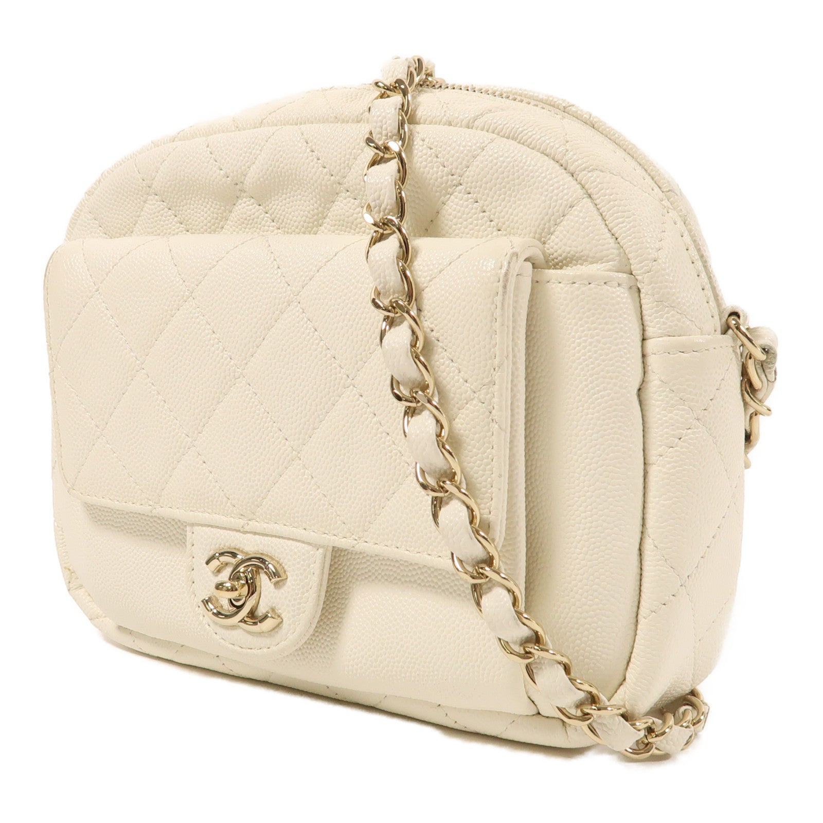 CHANEL CC GHW Shoulder Bag Calfskin Leather White