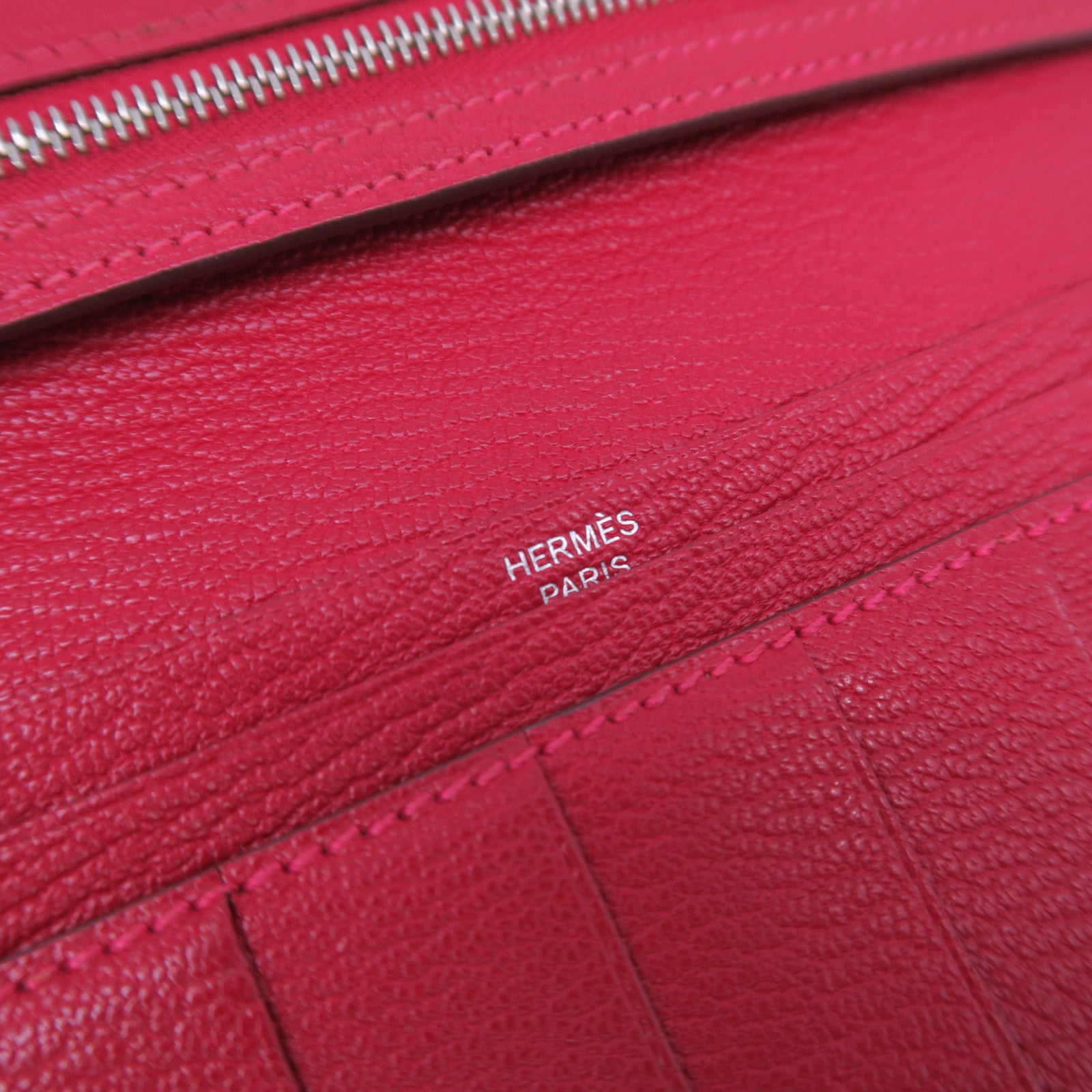 HERMES 【激減優惠】Chevre皮革Bearn Long Wallet銀扣長錢包粉紅色/紅色