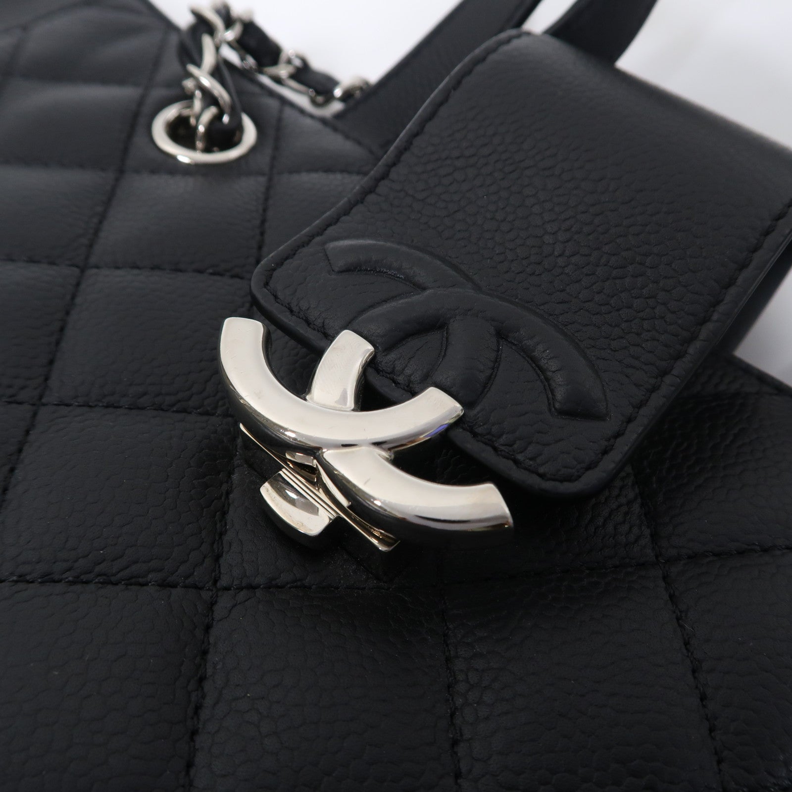 CHANEL 菱格牛皮皮革Chain Shoulder銀扣手挽鏈帶肩背兩用袋黑色