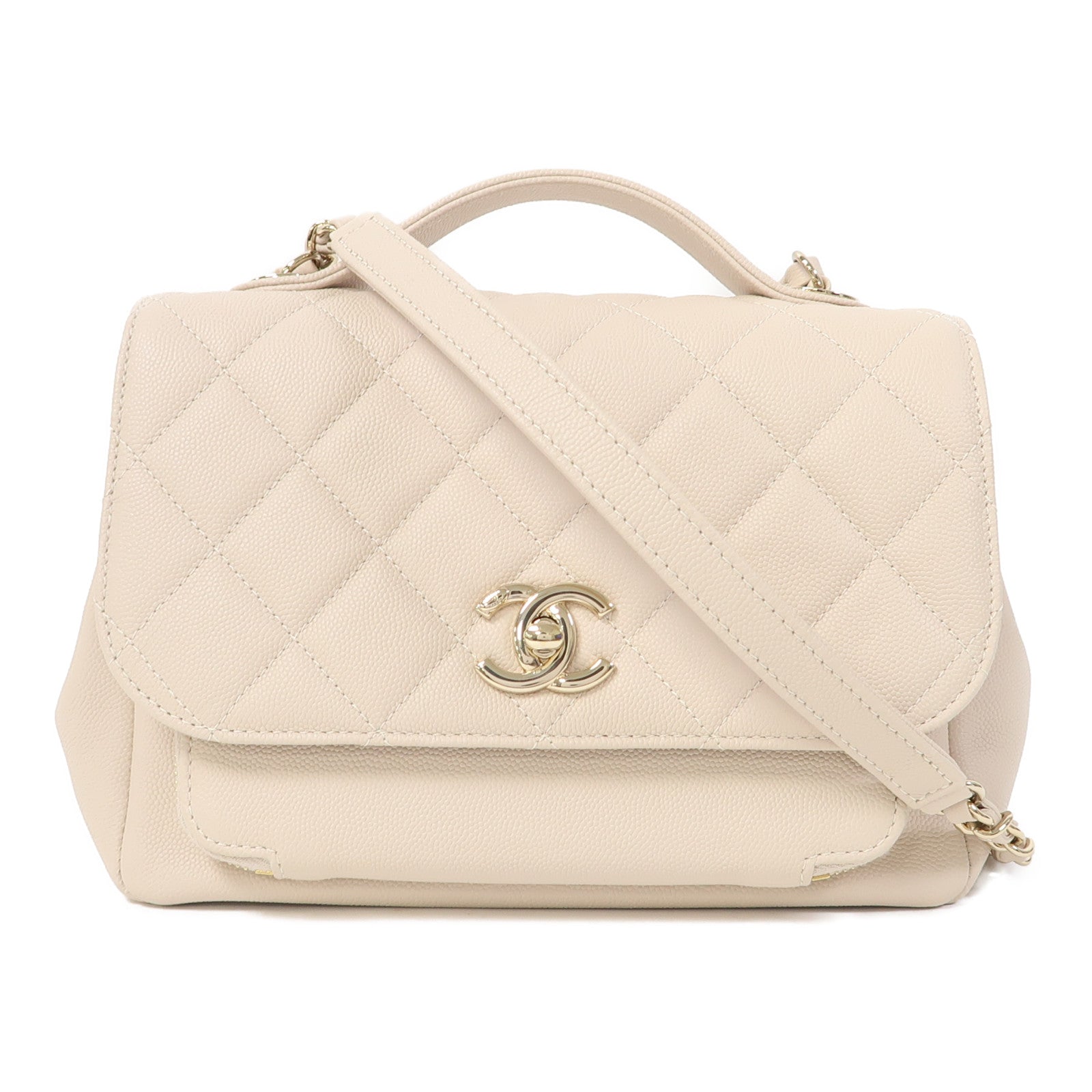 CHANEL 菱格Caviar皮革Shoulder Bag金扣鏈帶肩背袋米色