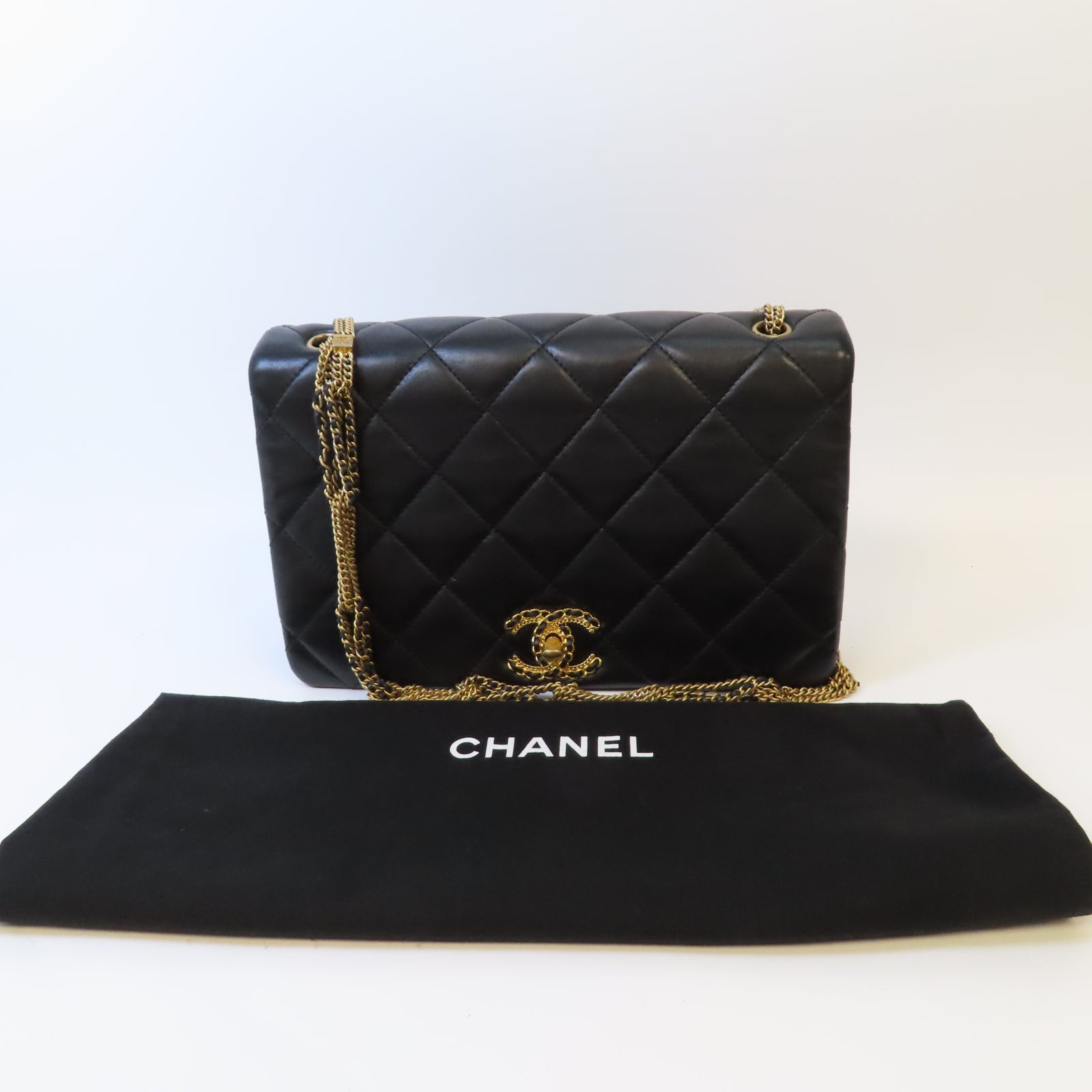 CHANEL 【激減優惠】菱格羊皮皮革Chain Shoulder金扣鏈帶肩背袋黑色