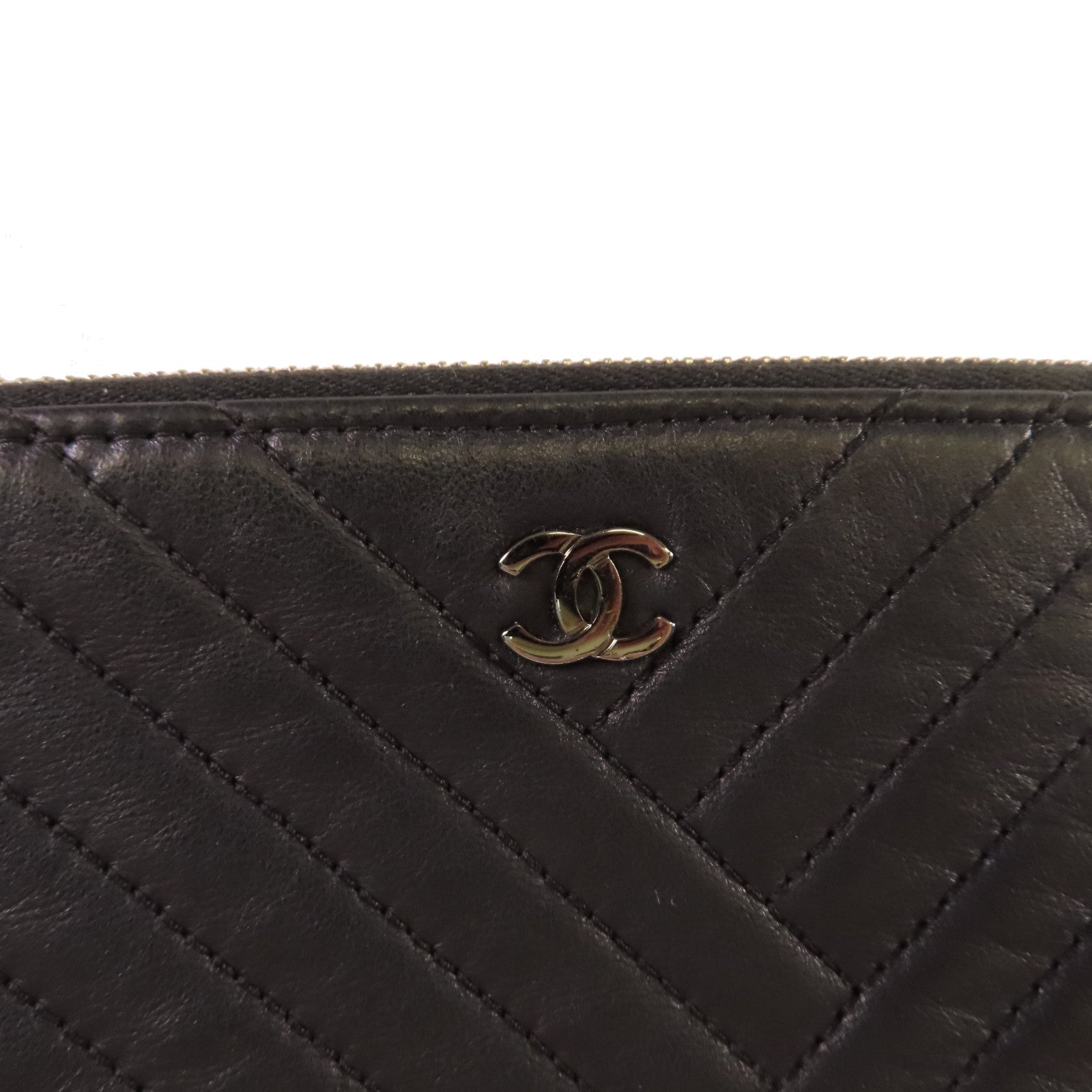 CHANEL 牛皮皮革Clutch銀扣手拿包黑色