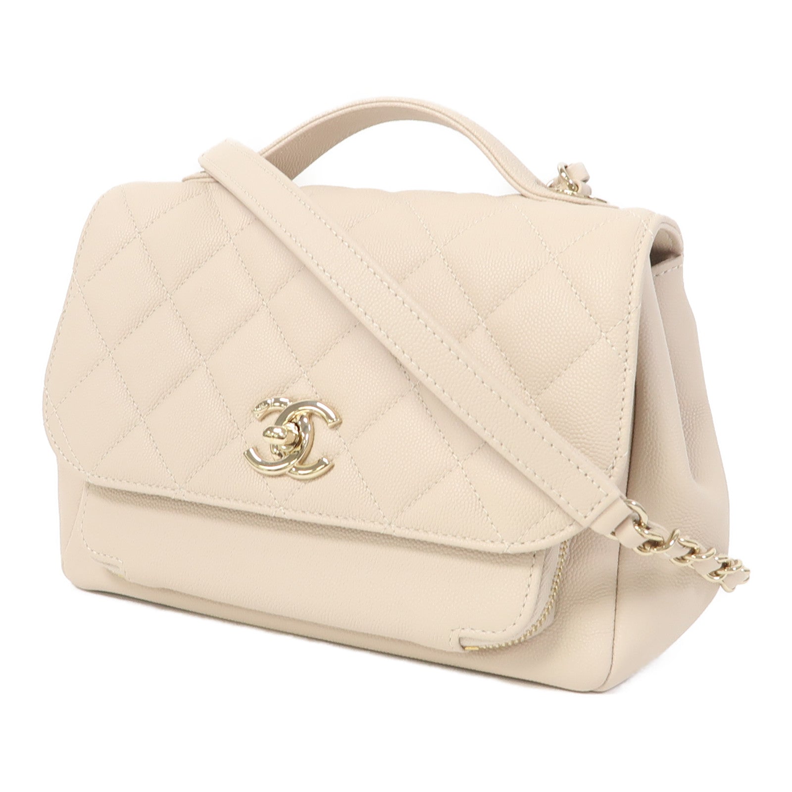 CHANEL 菱格Caviar皮革Shoulder Bag金扣鏈帶肩背袋米色