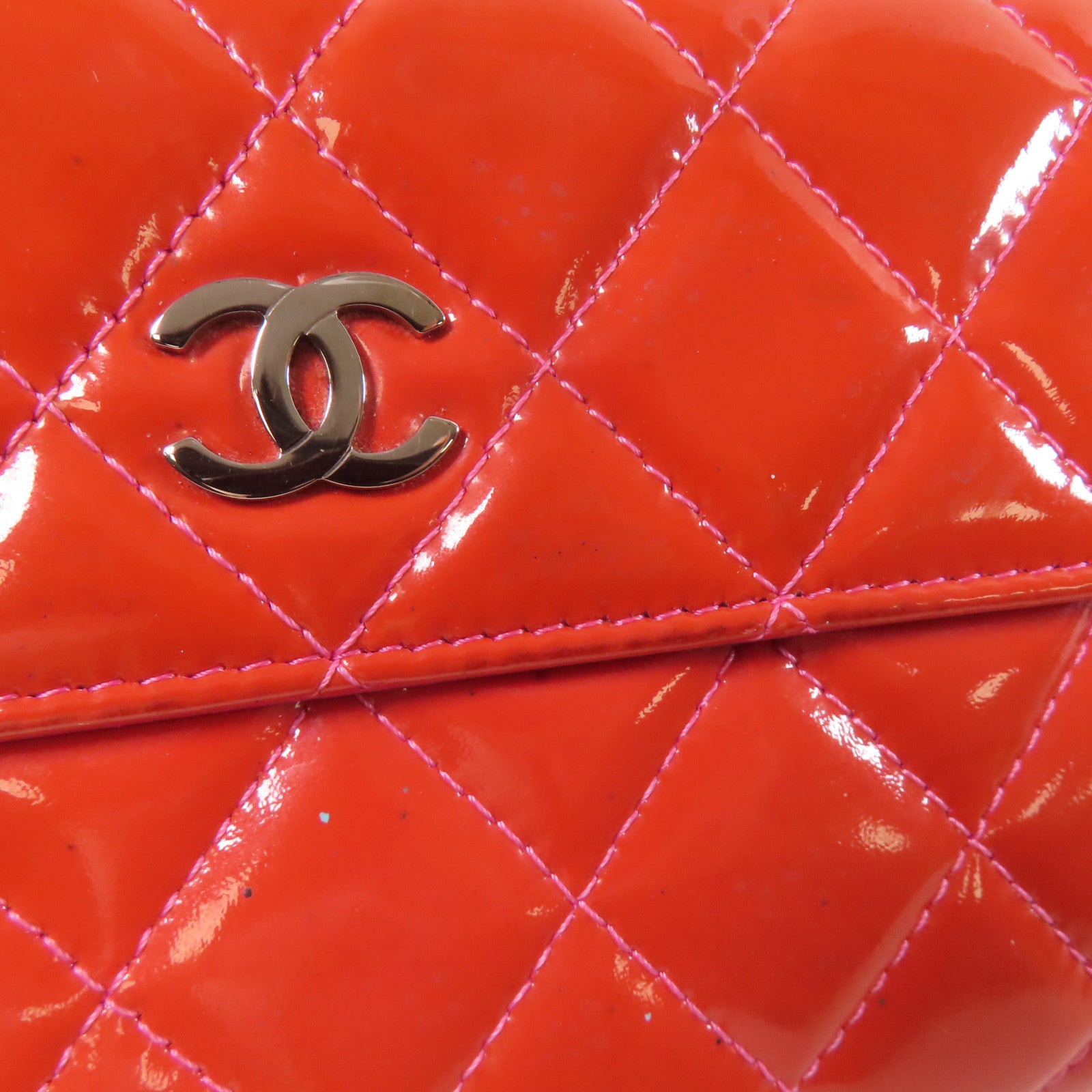 CHANEL 菱格漆皮皮革Long Wallet銀扣長錢包橙色