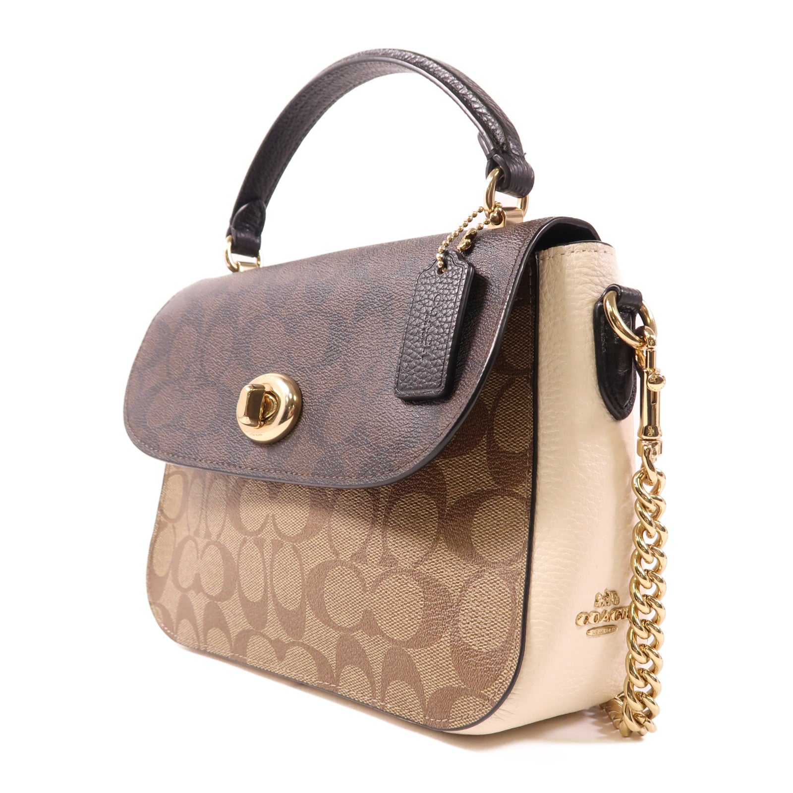 COACH GHW 2 Way Bag Coated Canvas Brown/White